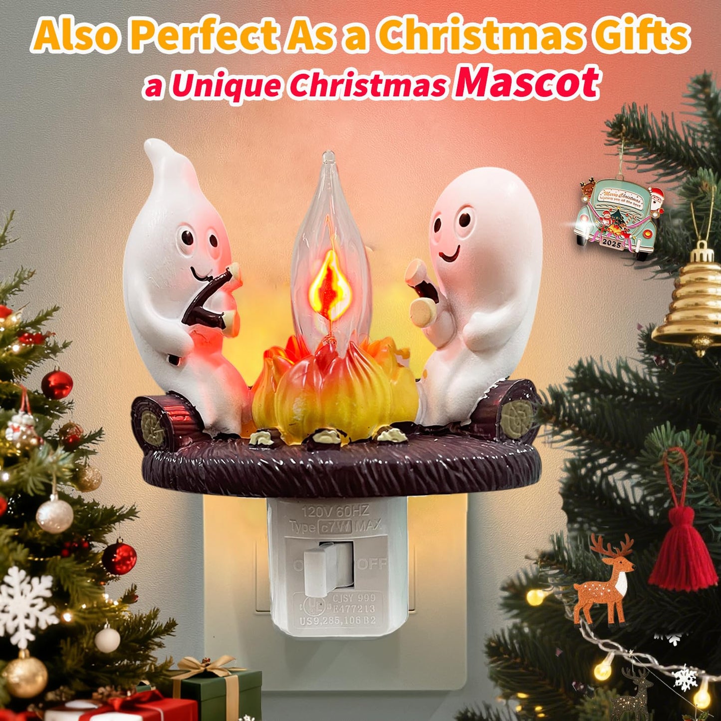 Consdemy Ghost Campfire Flickering Nightlight 120V Plug into Wall - Realistic Spooky Candles for Party Decor Indoor - Christmas & Halloween Night Light Campfire Gifts for Families, Friends (Ghost)