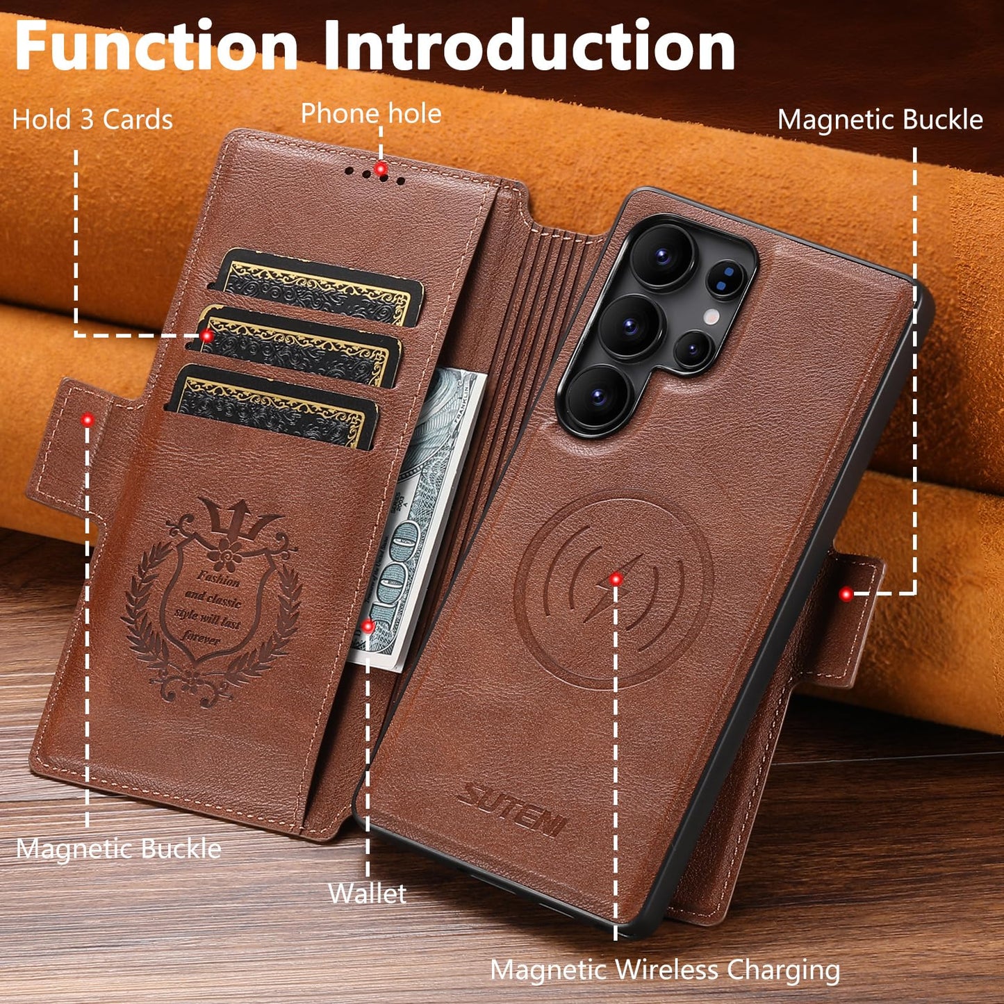 SINIANL for Samsung Galaxy S24 Ultra Leather Wallet Case Compatible with MagSafe Wireless Charging, Detachable Leather Cover with Card Slots Holder, Kickstand, Magnetic for Galaxy S24 Ultra Brown