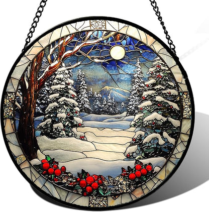 Stained Glass Window Hanging Christmas Tree Winter Snow Night Scenery Large 14.9" - Suncatcher Door Garden Kitchen Sun Catcher Home Decor Birthday for Mom Men Woman Friend