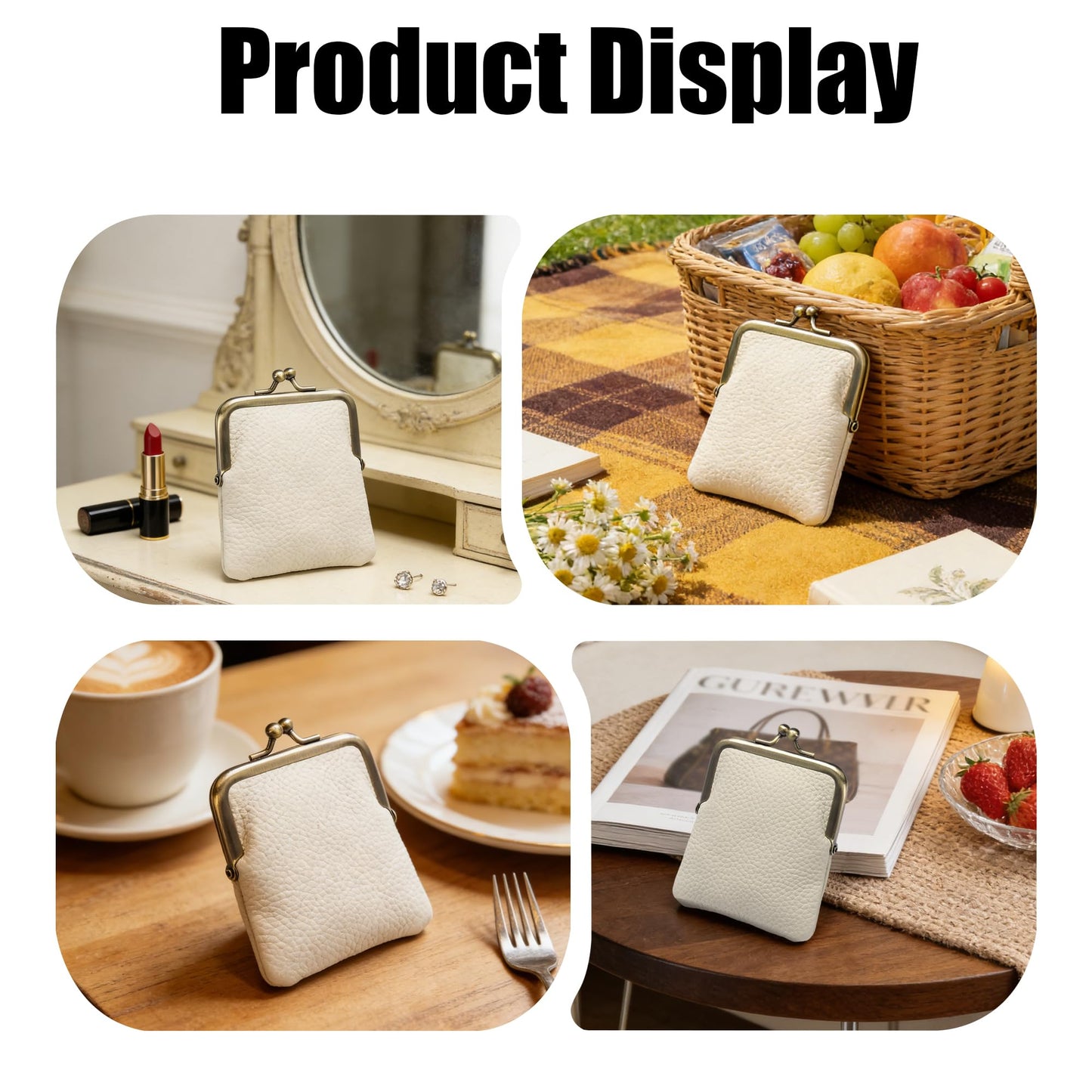 ZZHAOYI Women Genuine Leather Clutch Coin Purse Mini Kiss Lock Change Purse Wallet Slim Retro Coin holder Purse (White)