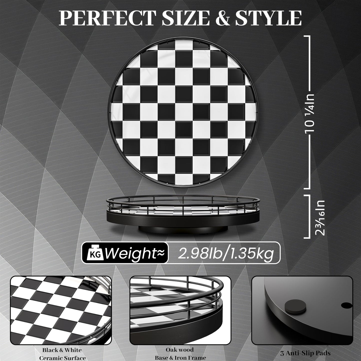 10.2-Inch Black & White Checkerboard Lazy Susan Organizer – Rotating Serving Tray with Oak Base, Iron Frame, & Ceramic Tile –Perfect for Dining Table, Kitchen Cabinet, Bathroom Countertop, Home Décor