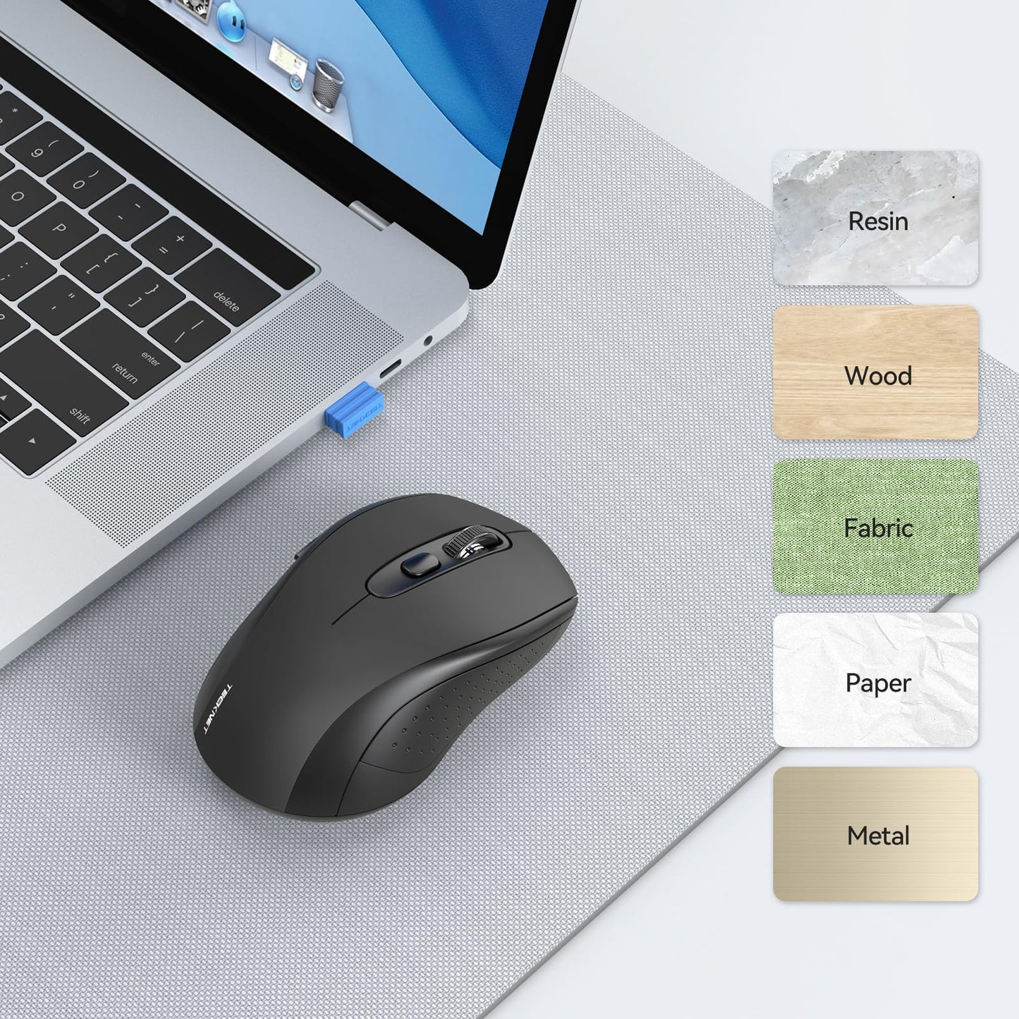 TECKNET Wireless Mouse for Laptop, Silent Bluetooth Mouse(BT5.0 & 2.4G) 4000DPI Adjustable, Computer Portable PC Quiet Mice with USB-A Receiver & 6 Buttons for Mac, 18 Months Battery