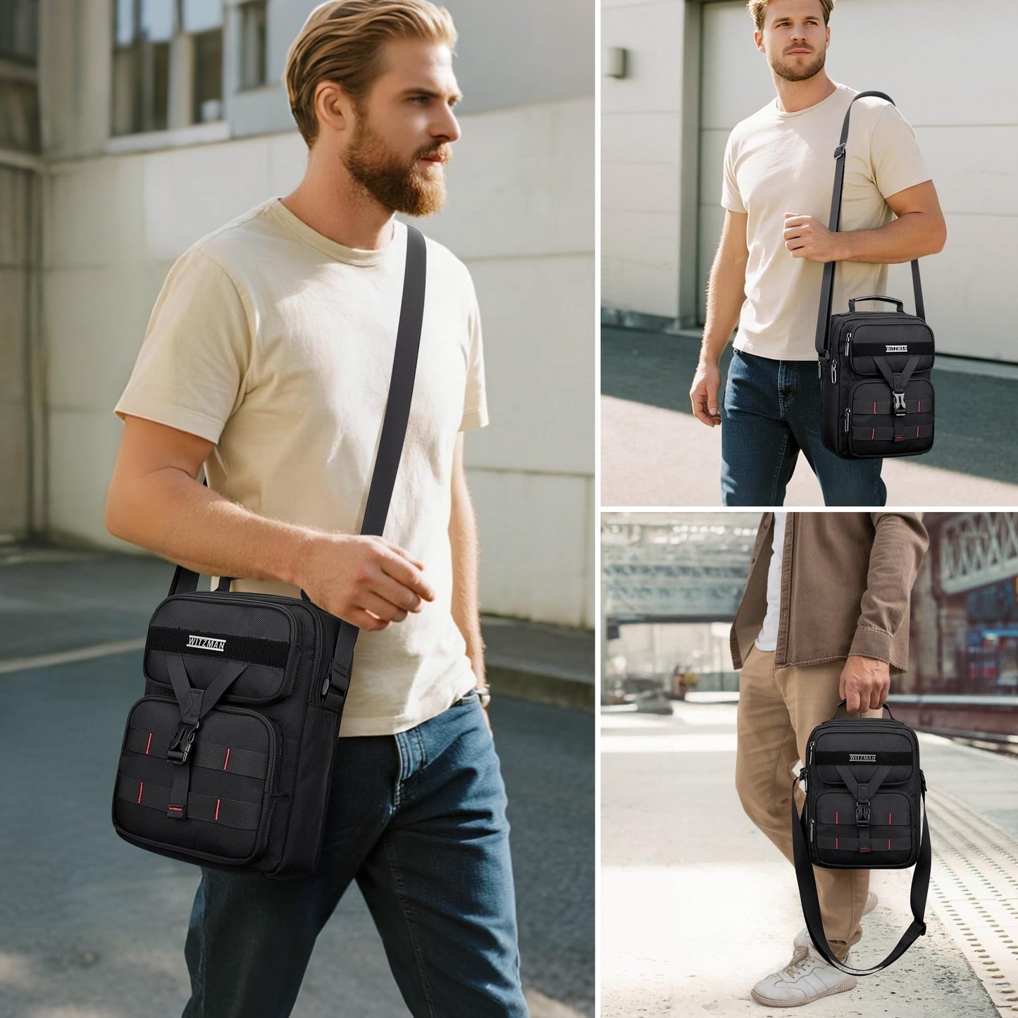 WITZMAN Crossbody Bag for Men Travel Small Shoulder Bags Lightweight Man Purse Messenger Bag for Casual Daliy Work Traveling（B707 Black）