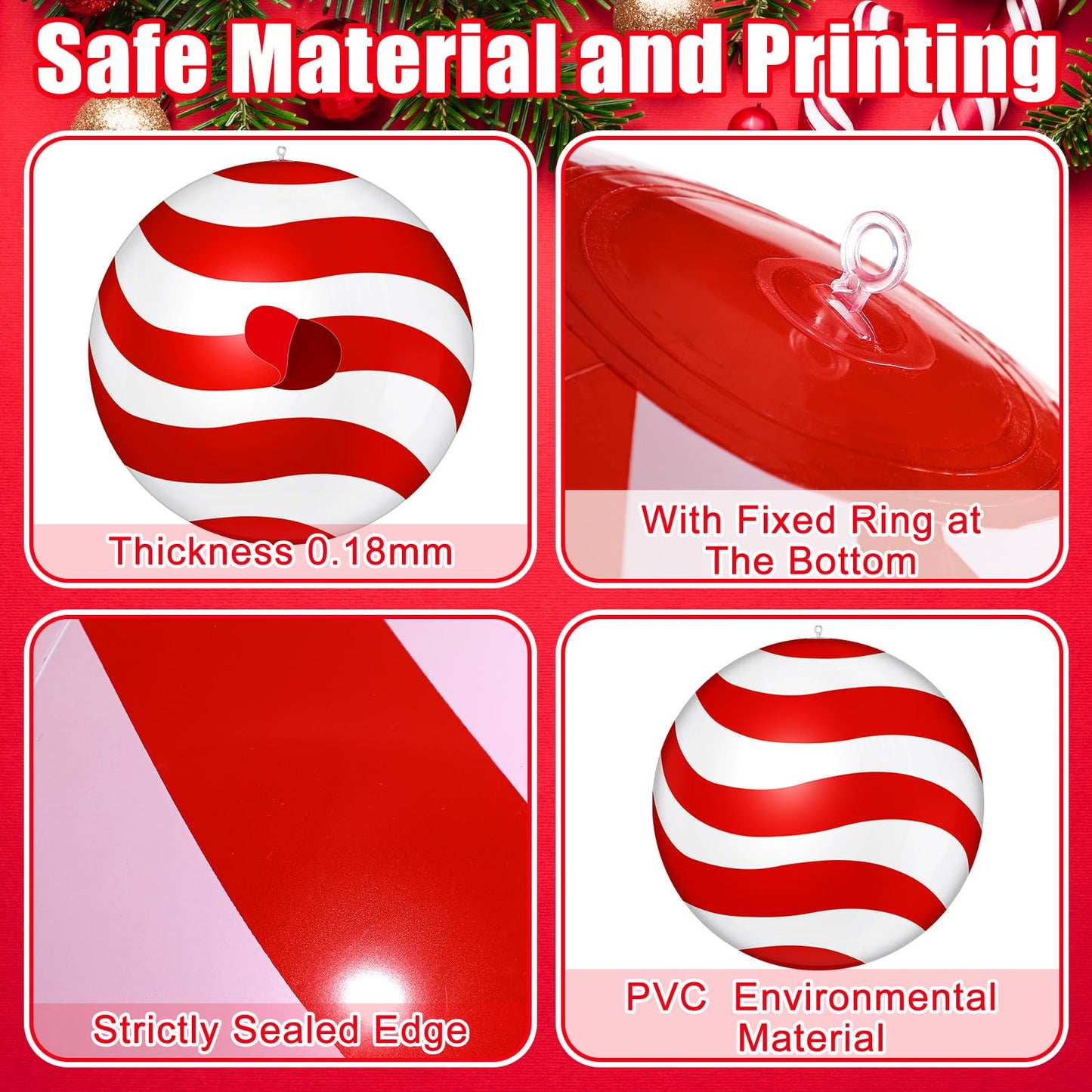 Jetec 12 Pcs 24 Inch 16 Inch Giant Inflatable Christmas Balls Ornaments Large PVC Inflatable Ball Decorations for Xmas Tree Holiday Yard Lawn Porch Outdoor(Red, White,Classic Candy Cane)