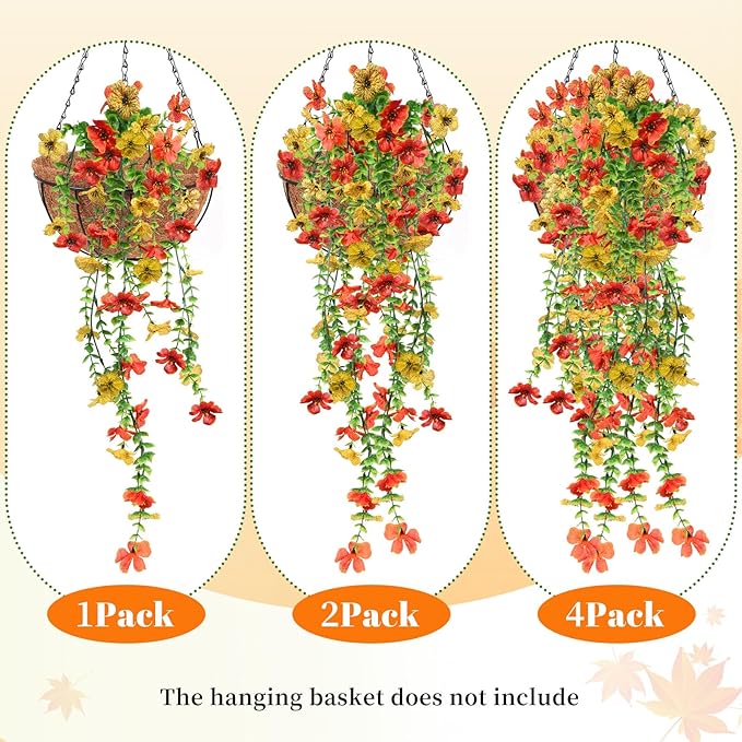 Artificial Flowers for Fall Decor, Artificial Hanging Flowers for Outdoors, 4pcs Realistic Faux Daisy Baskets Fake Plants for Autumn Thanksgiving Garden Front Porch Courtyard Patio (Orange Yellow)