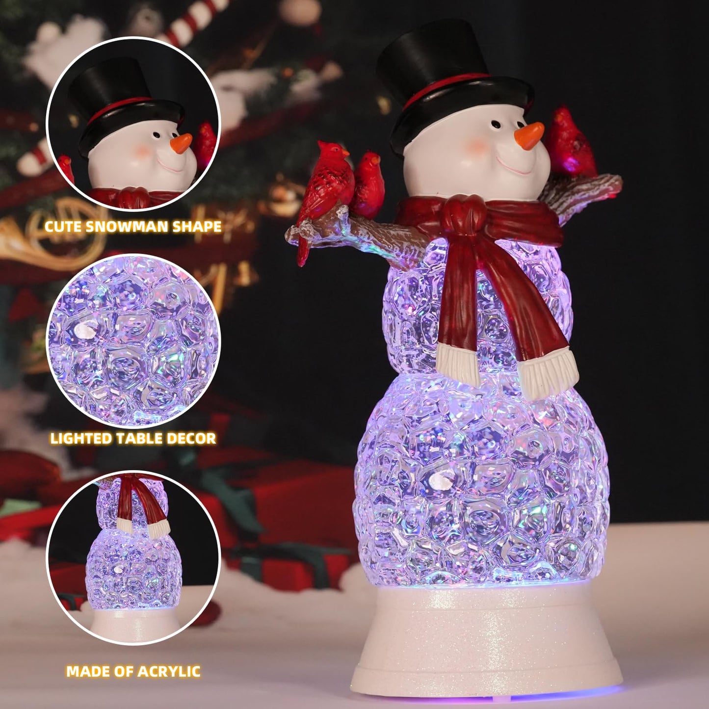LEYUPEAK Christmas Snowman Snow Globe, Lighted Musical Cardinal Lantern with Glitter, Acrylic Snowman Figurines Holiday Tabletop Decorations Cardinal Gift, USB & Battery Operated, 6h Timer