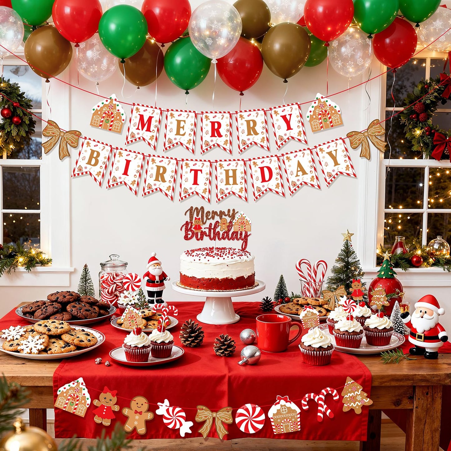 Christmas Birthday Party Decorations, Cute Bows and Gingerbread Merry Birthday Banner Cake Topper Red Green Snowflake Balloons for Gingerbread Christmas Decorations Holiday Party Supplies