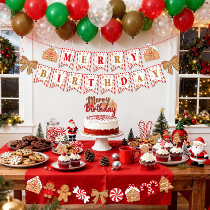 Christmas Birthday Party Decorations, Cute Bows and Gingerbread Merry Birthday Banner Cake Topper Red Green Snowflake Balloons for Gingerbread Christmas Decorations Holiday Party Supplies