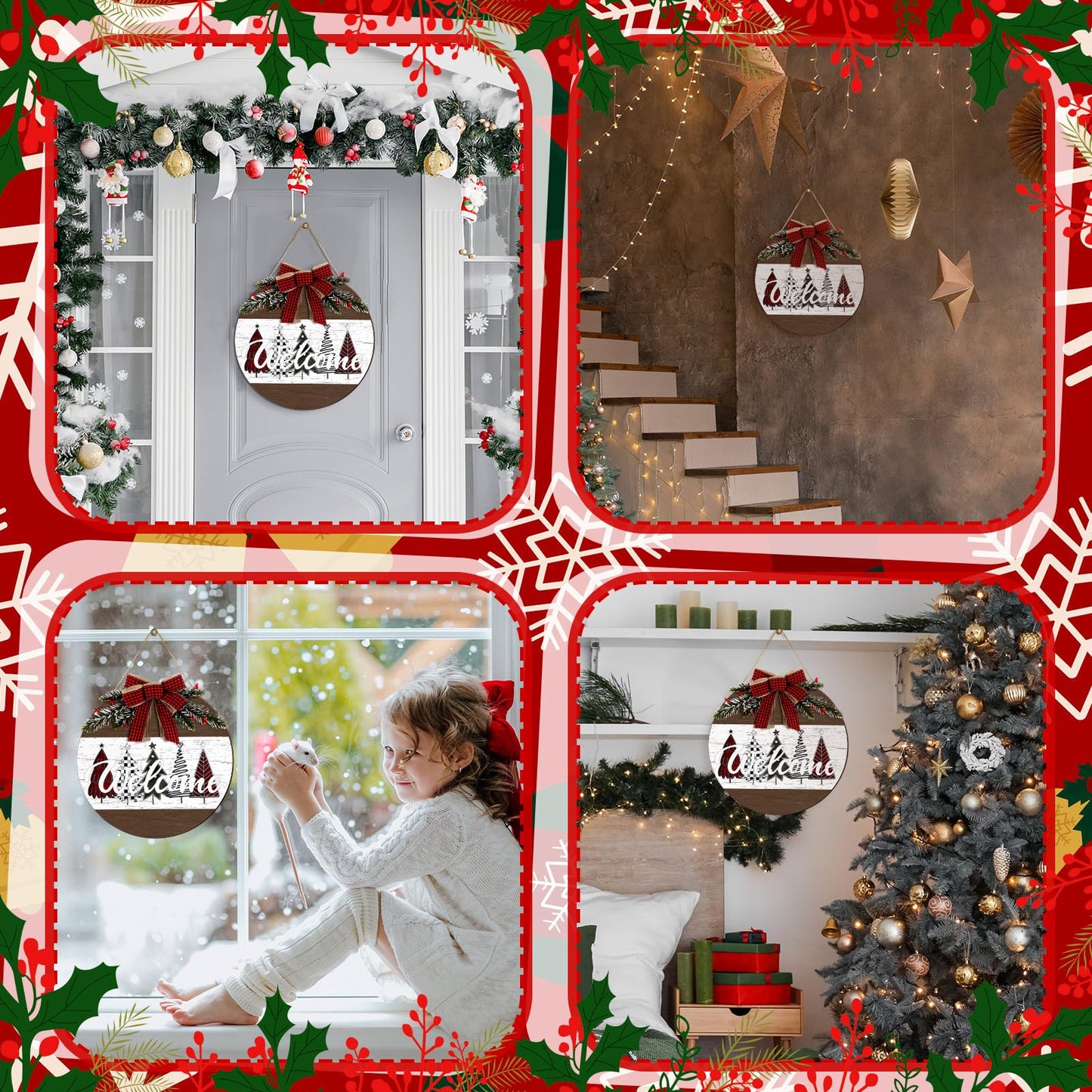 Boao Christmas Door Wreath Merry Christmas Welcome Hanging Wall Sign for Front Door 11.8'' Round Xmas Tree Winter Wreath Wooden Porch Sign with Bow Porch Farmhouse Home Wall Decor(Novel)