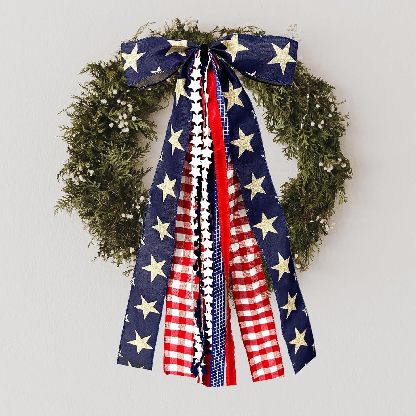 Large Patriotic Ribbon Bow, 4th of July Red White and Blue Bows Clip-On Star Sash Patriotic Wreaths for Front Door Indoor Outdoor Memorial Day Decoration