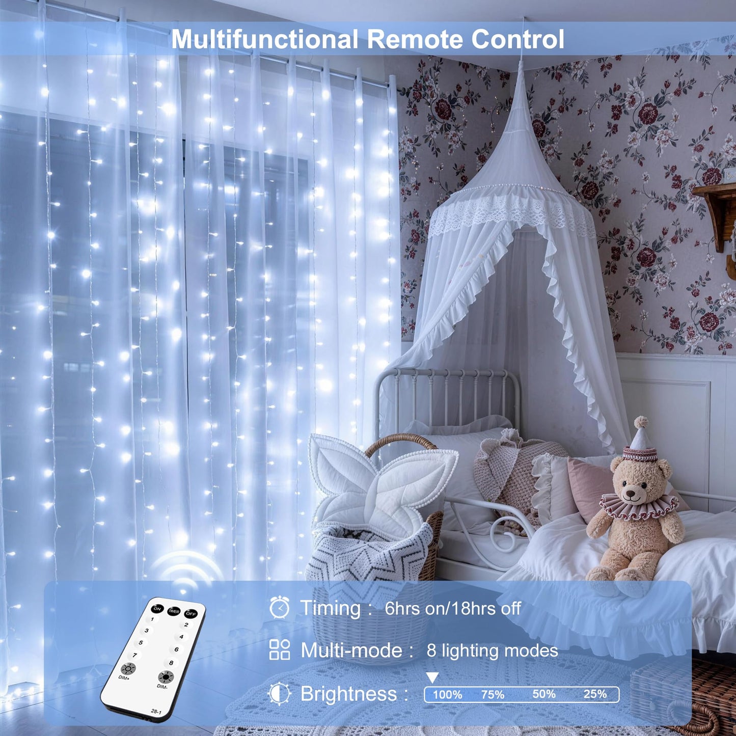 JMEXSUSS 300 LED 9.8x9.8Ft Curtain Lights Indoor with Remote, White Christmas Lights Plug in, 8 Modes White String Lights for Bedroom Wall Wedding Reception Dorm Party Backdrop Window Outdoor Decor