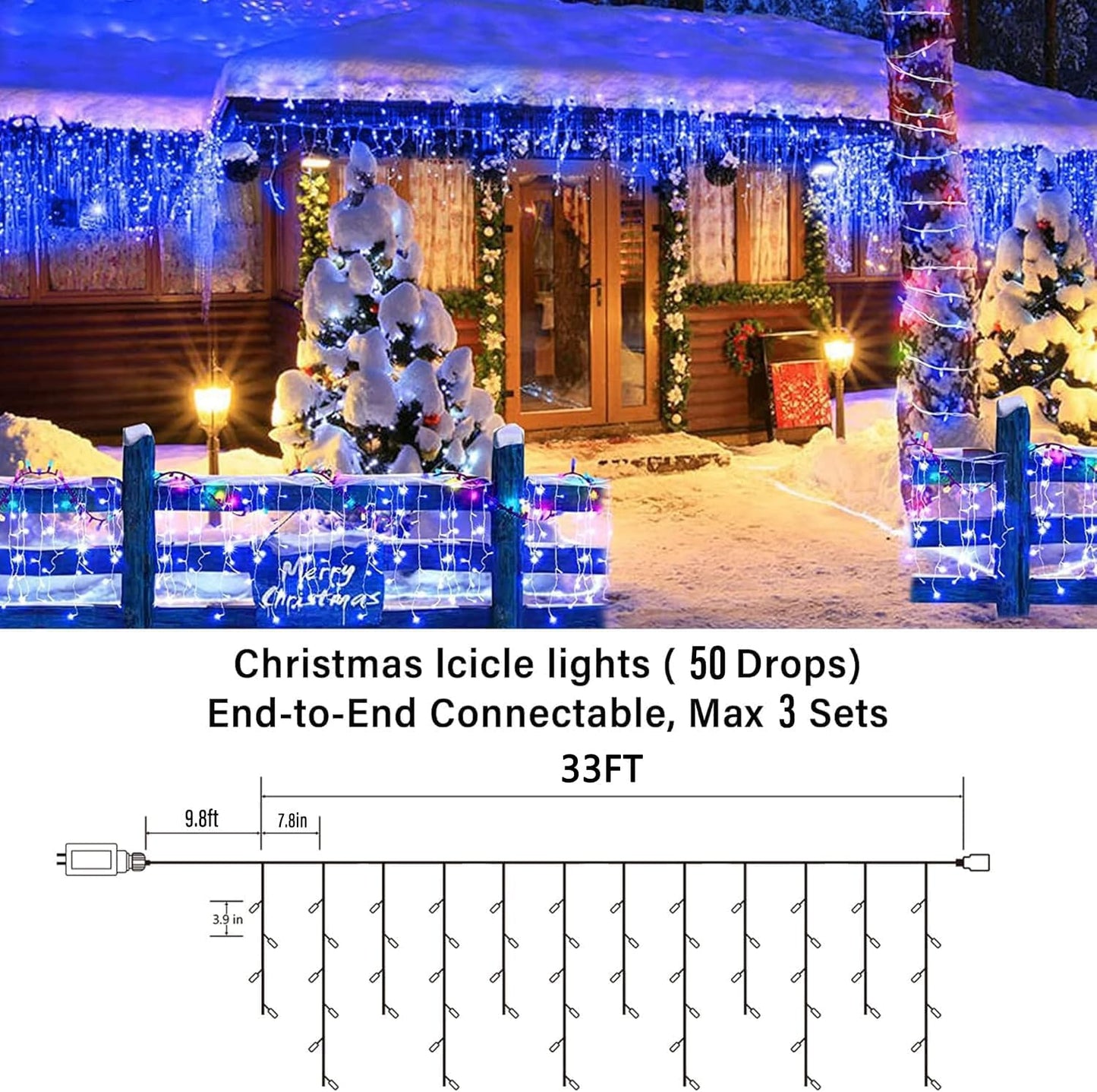 Joomer Christmas Icicle Lights - 33FT Plug in String Lights Waterproof, 8 Modes Timer Connectable Outdoor String Light for Christmas Party, Eaves, Roofs, Xmas Decorations (Blue)