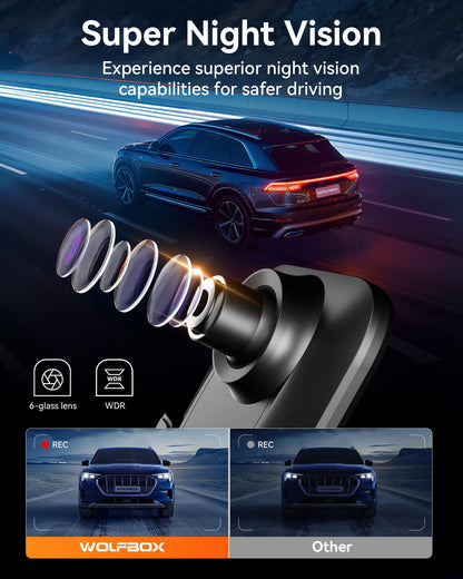 WOLFBOX G850 12" 4K Rear View Mirror Camera with 5.8GHz WiFi and Voice Control, Smart Mirror Dash Cam Front and Rear, Backup Camera with 1080P Rear Camera, Dash Cam with WDR, Includes 64GB Card & GPS