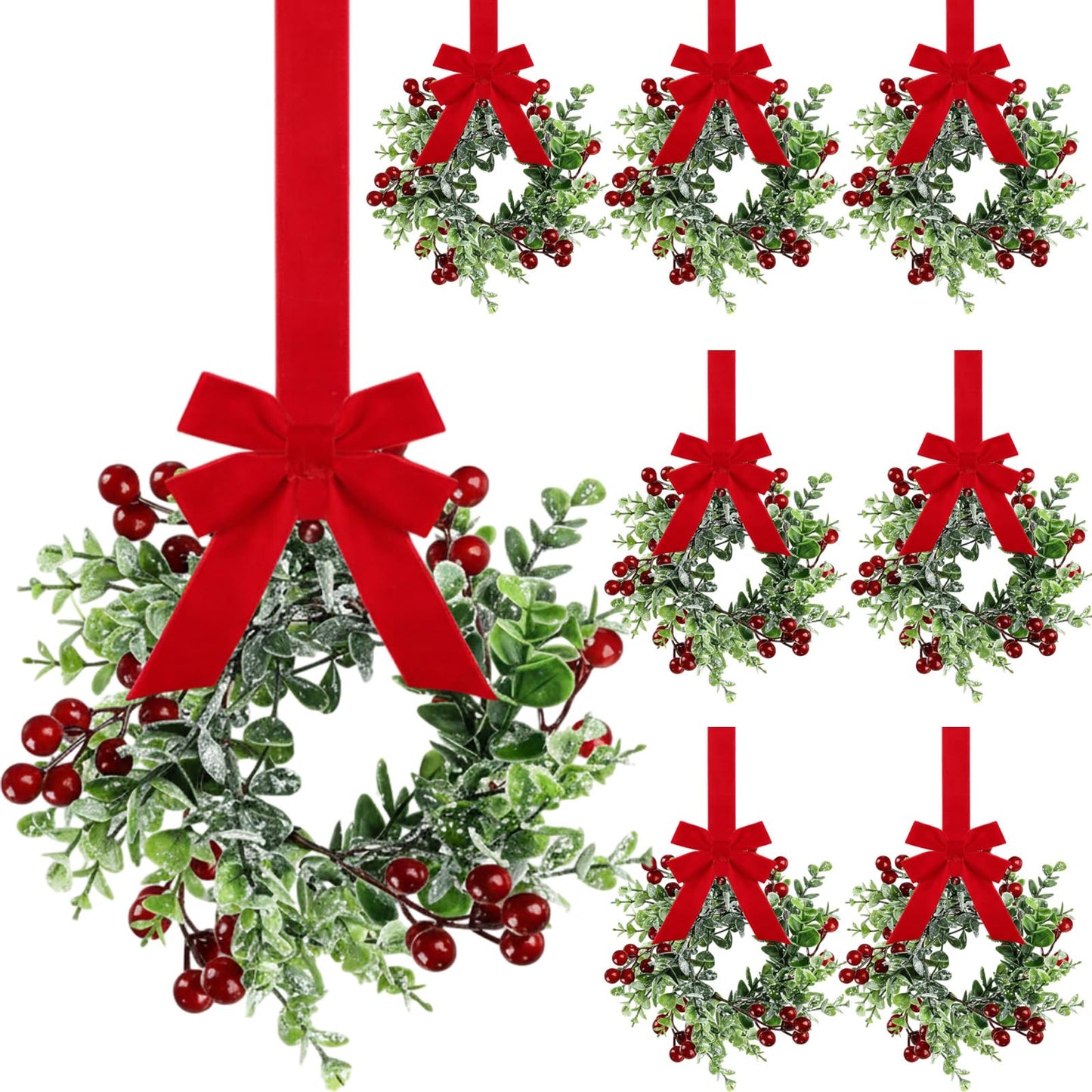 WILLBOND 4 Pieces 9.5" Mini Christmas Wreaths for Kitchen Cabinet Small Christmas Candle Rings Red Berries Wreath Pillar Candle Rings Xmas Hanging Garlands for Front Door Fireplace Window Decor