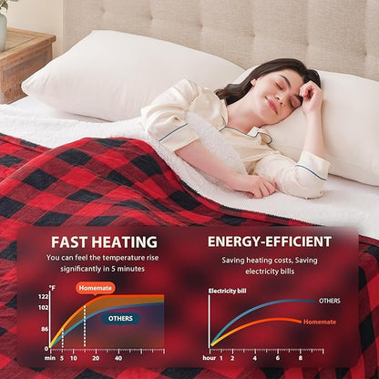 Homemate Electric Blanket Heated King Size - 100“x90“ Ultra Soft Cozy Flannel Heating Blanket with 10 Fast Heat Levels 8 Hours Auto Off Over-Heated Protection ETL Certification Keep Warm in Home