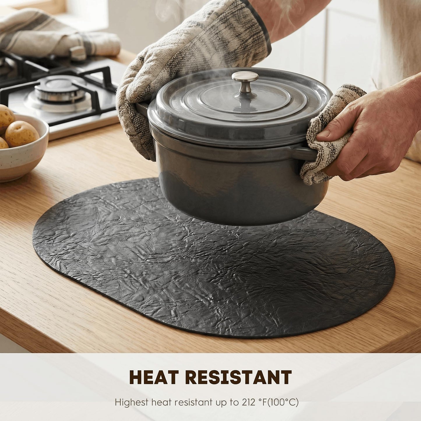 Artoid Mode Black Faux Leather Oval Placemats Set of 6, 12 x 18 Inch Waterproof Wipeable Heat Resistant Vinyl Place Mats, Reversible Table Mats for Kitchen Dining Decor
