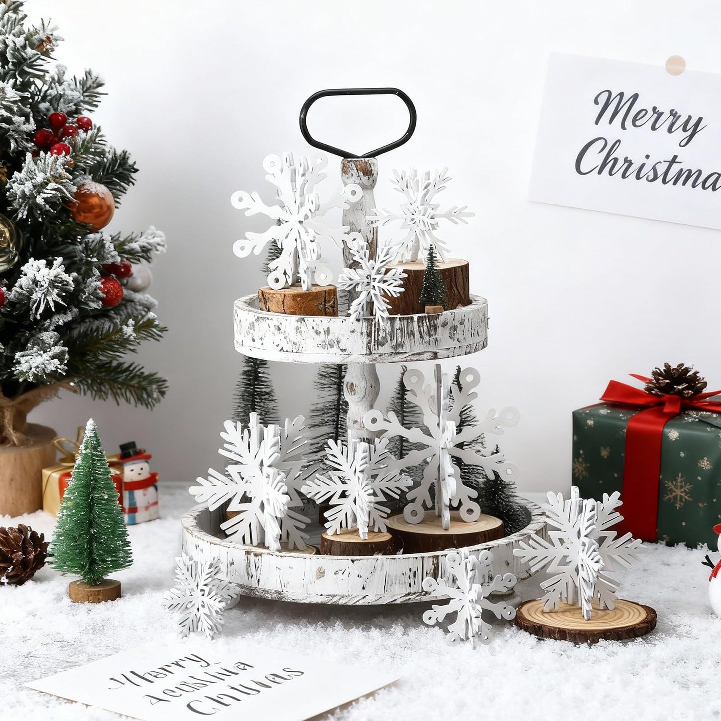 Blulu 24 Pcs Wooden Snowflake Decorations 3D White Snowflake Tabletop Signs and Centerpiece Winter Wooden Decor for Christmas Xmas Winter Decoration Home Party