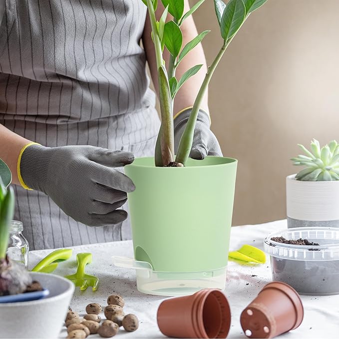 4 Inch 10 Pack Small Self Watering Pots for Indoor Plants, Nursery Pot with Drainage Holes and Saucers, Plastic Small Flower Planter for Succulent, Aloe, Cacti and More (Green)