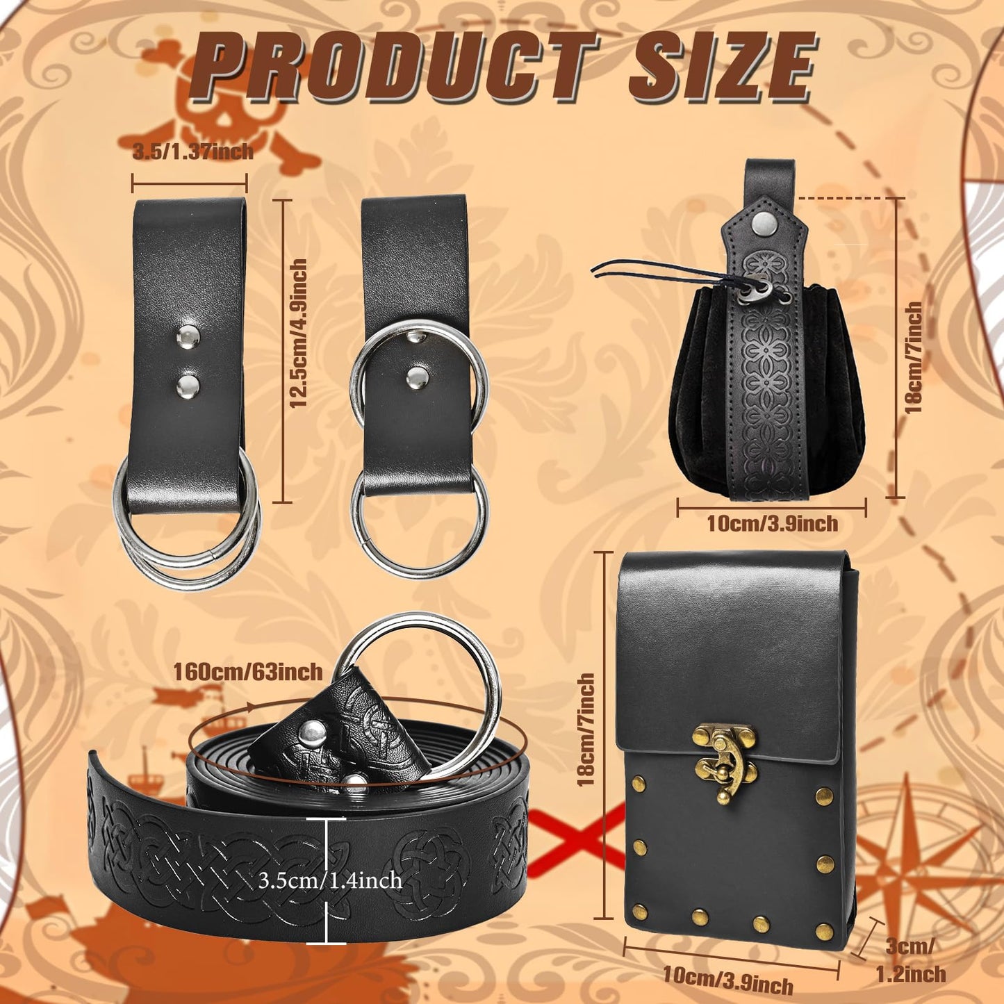 Renaissance Belt Pouch Medieval Viking Pirate Leather Bag Detachable Chains Arm Set Skirt Hike Halloween Cosplay Costume Accessories (Black-2Pouch)