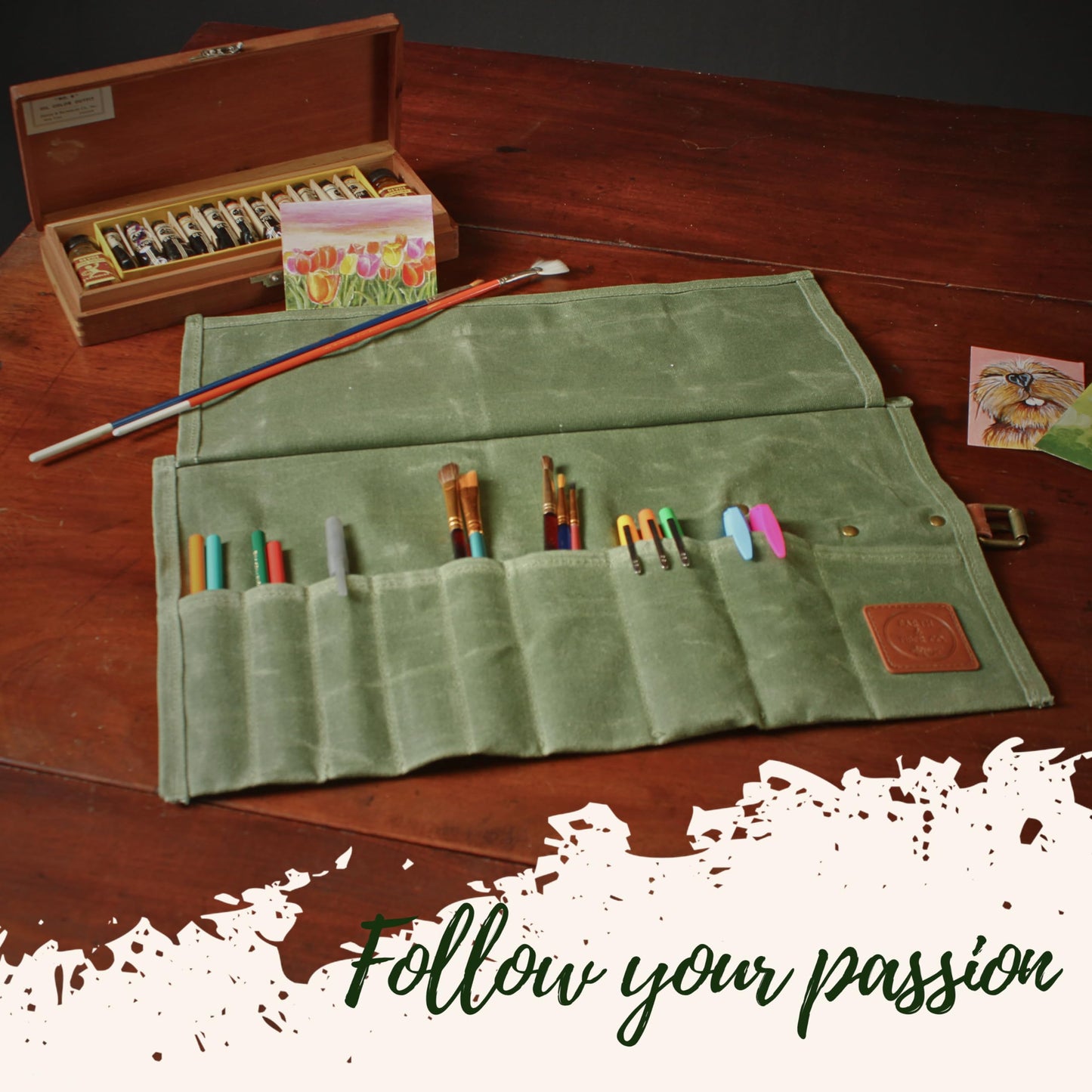Earth & Fiber Co. Compact Waxed Canvas Paint Brush Holder - Portable Art Bag for Painting & Drawing - Art Supplies Organizer - Storage Roll Bag for Artists
