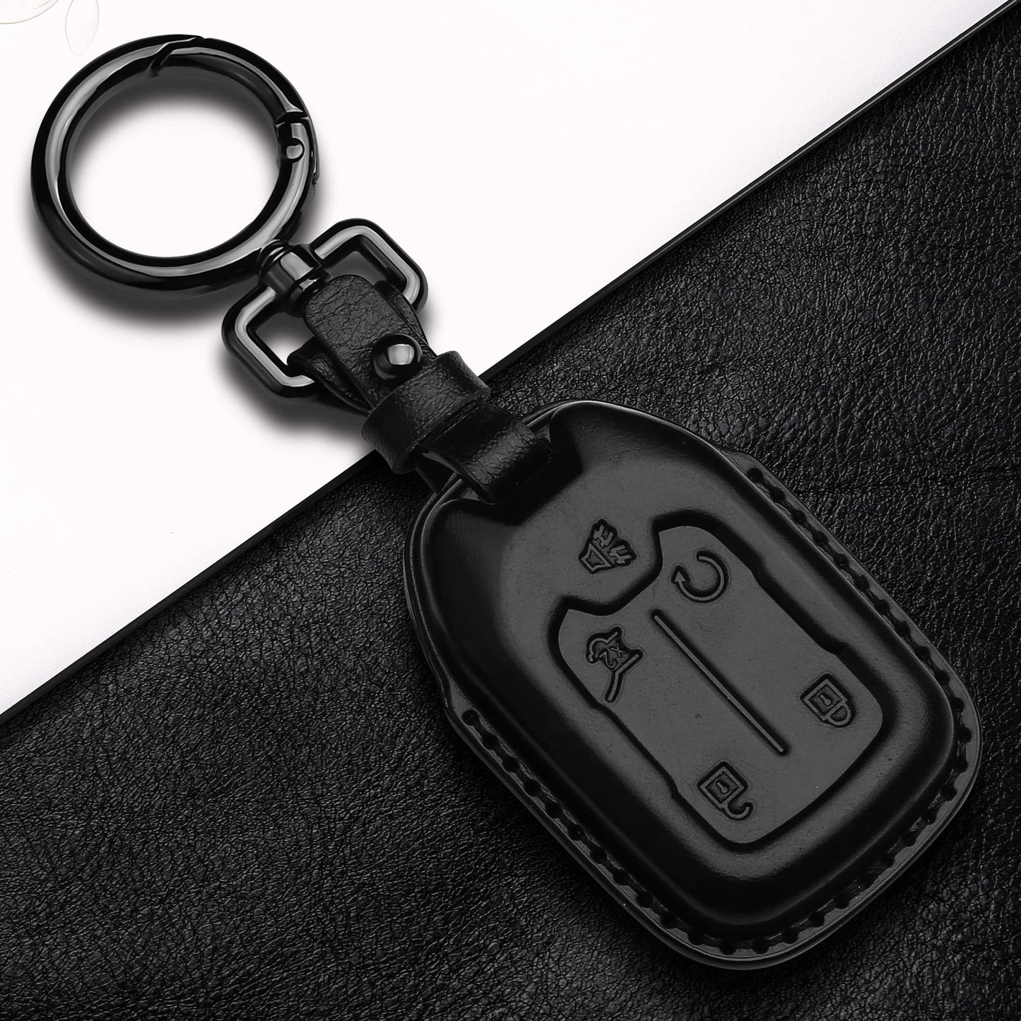 Tukellen Compatible with Chevrolet Leather Key Fob Cover with Keychain,fit 2019 2020 2021 Silverado GMC Sierra Smart Remote Key Shell, Genuine Leather for Chevy Key case(5 Buttons)-Black