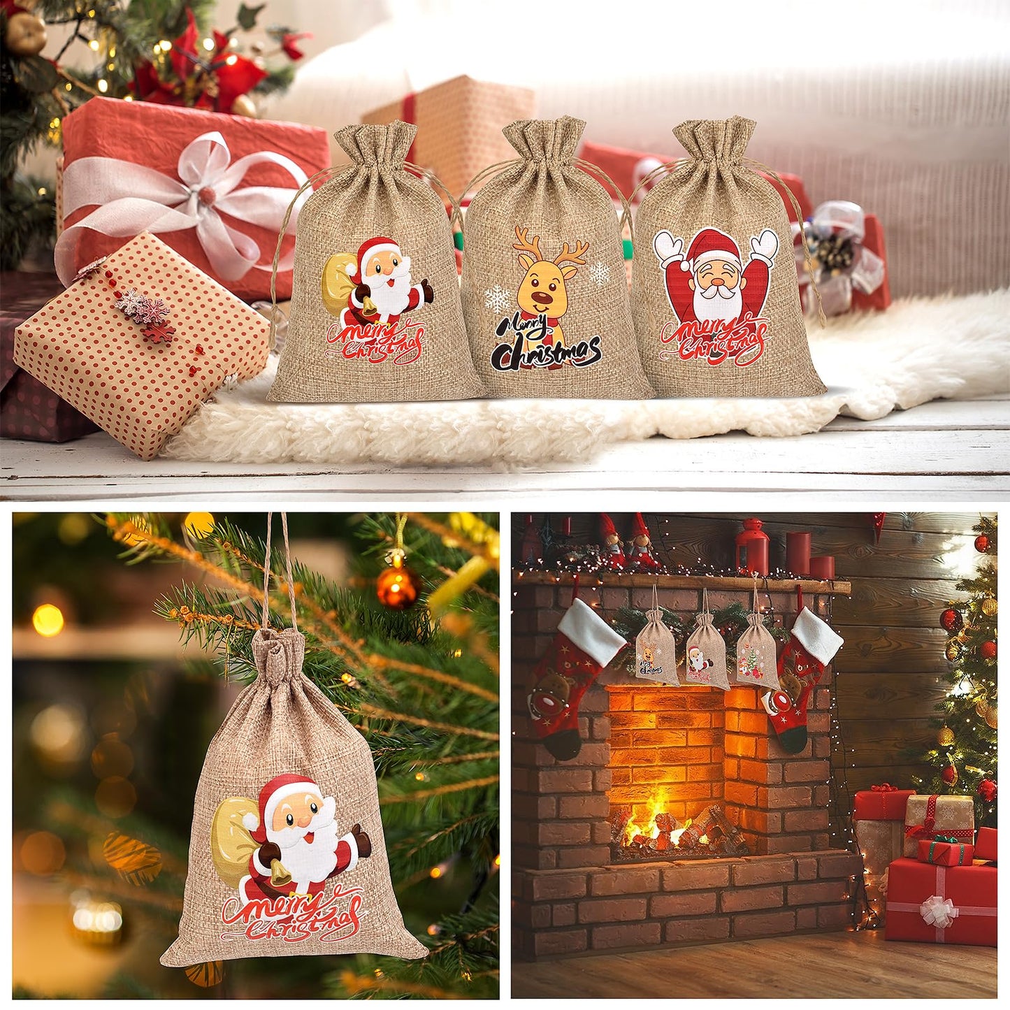 Christmas Small Burlap Bags with Drawstring, Burlap Gift Bags Christmas Linen Treat Sacks Gift Wrapping Bags Xmas Holiday Party Favors Bags(7x5 inch, 24 Pcs)