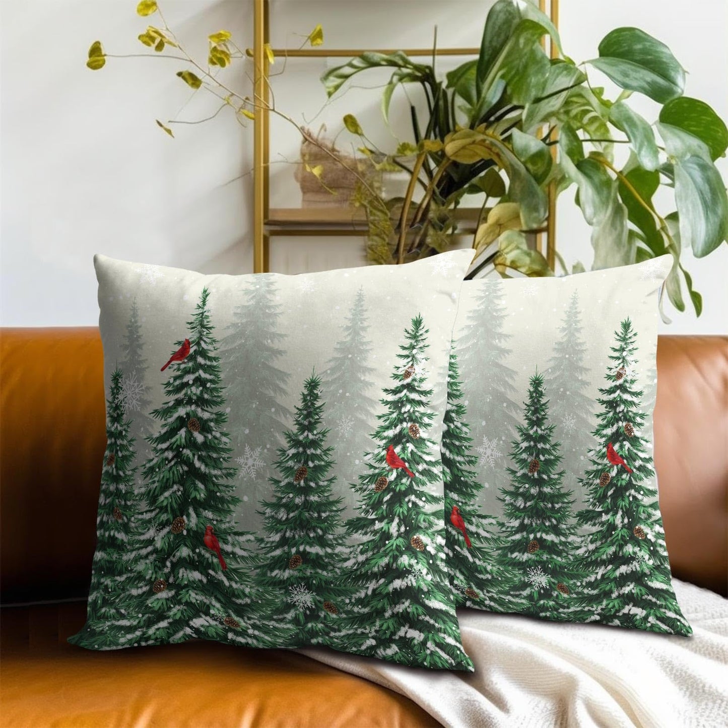 Winter Cardinal Bird Pillow Covers 16x16 Inch,Christmas Pine Tree Throw Pillow Covers Snow Forest Green Trees Cushion Cover Set of 2 Soft Cotton Pillow Cases Square for Home Sofa Living Room Decor