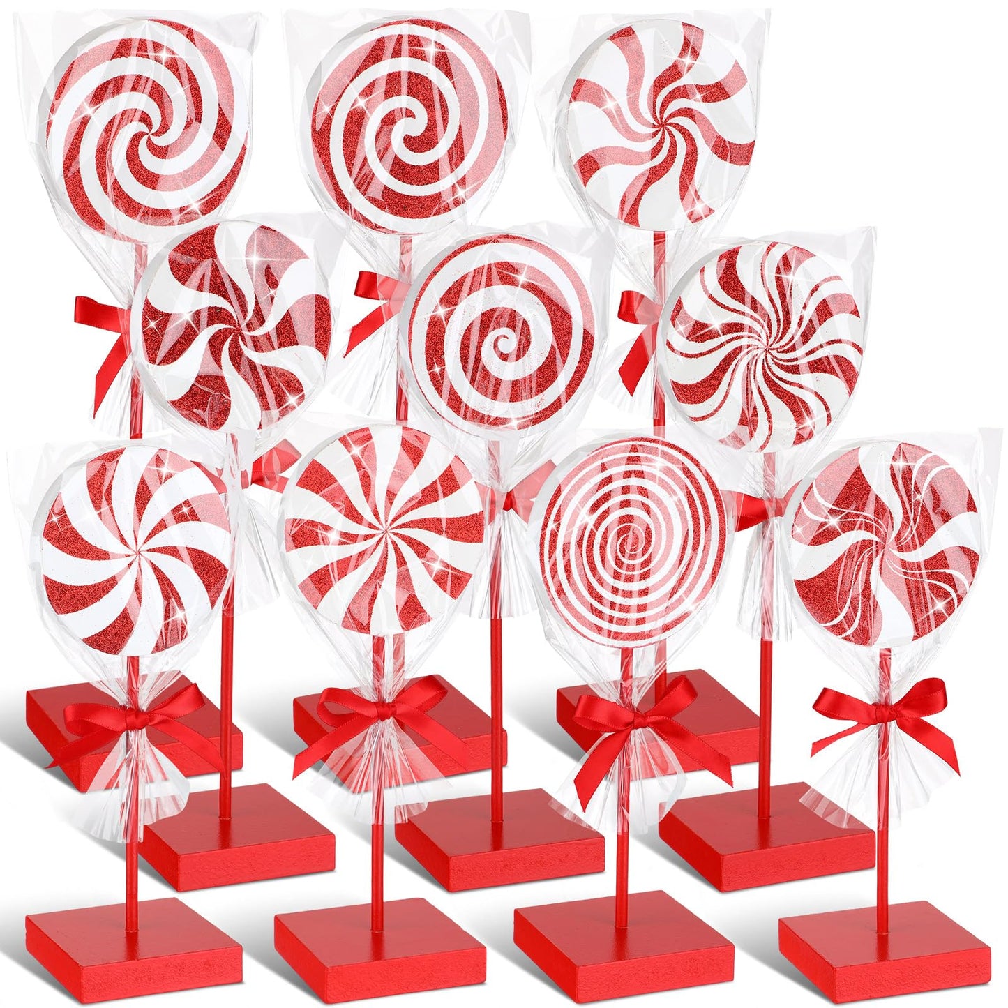 Chunful 10 Pcs Red Christmas Candy Wooden Tabletop Decor Candy Cane Christmas Decorations Table Centerpiece Sign for Xmas Tiered Tray Home Desk Office Party Decoration