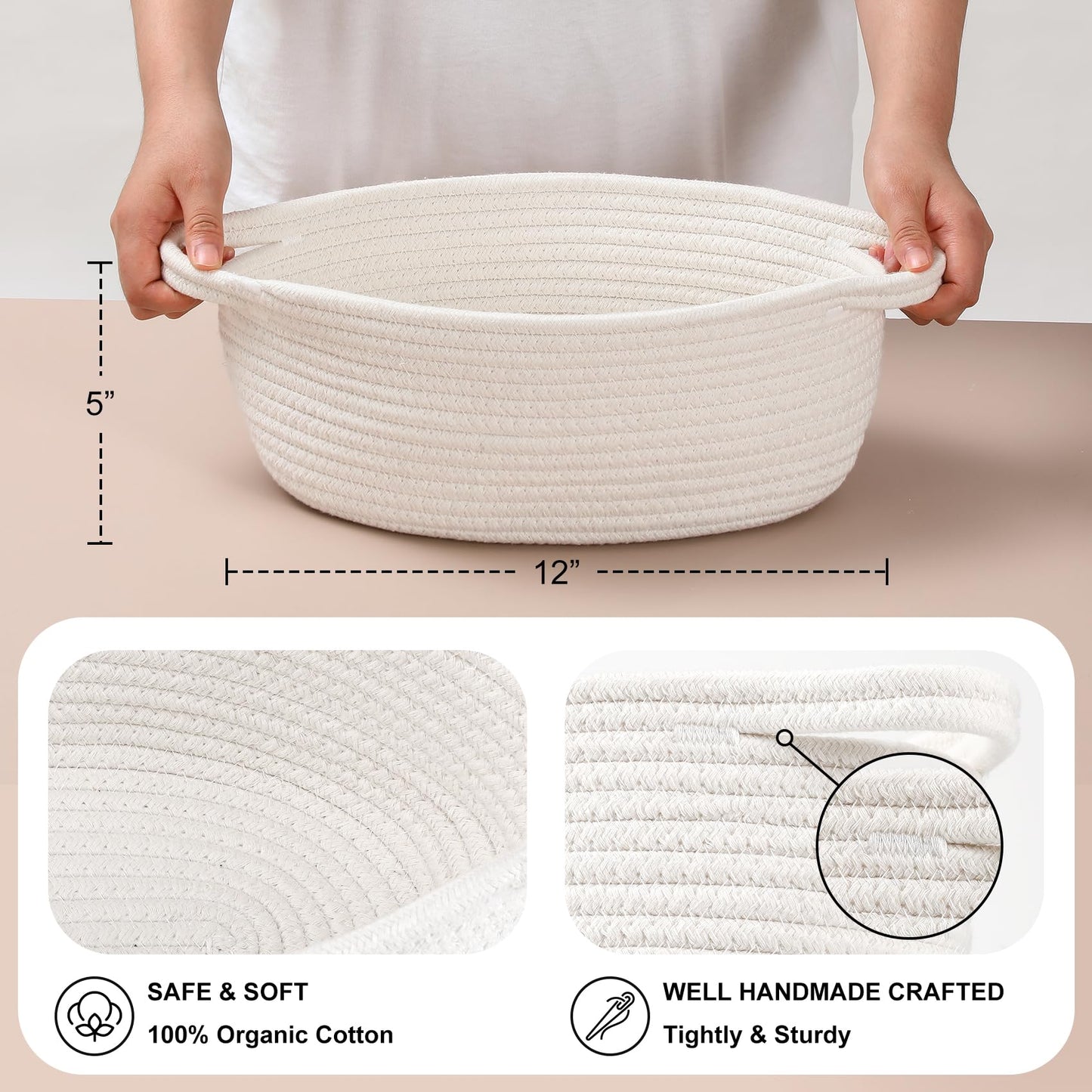 8 Pack Small Woven Basket with Gift Bags and Ribbons, All 12"x 8"x 5", Empty Decorative Gift Chest Box, Cute Baby Gift Basket for Nursery, Cotton Rope Room Shelf Storage Basket with Handles, White