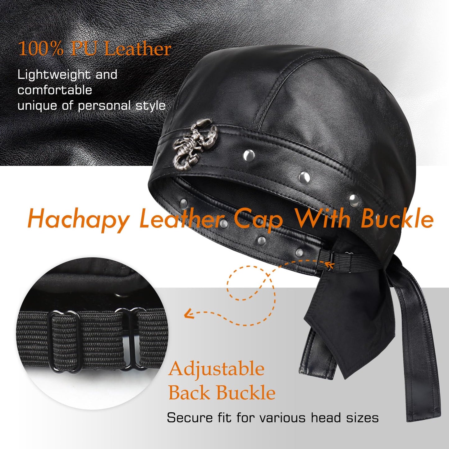 Hachapy Leather Biker Cap for Women - Adjustable Skull Motorcycle Hat with Snug Fit, Stylish Biker Head Wrap & Riding Cap for Badass Look