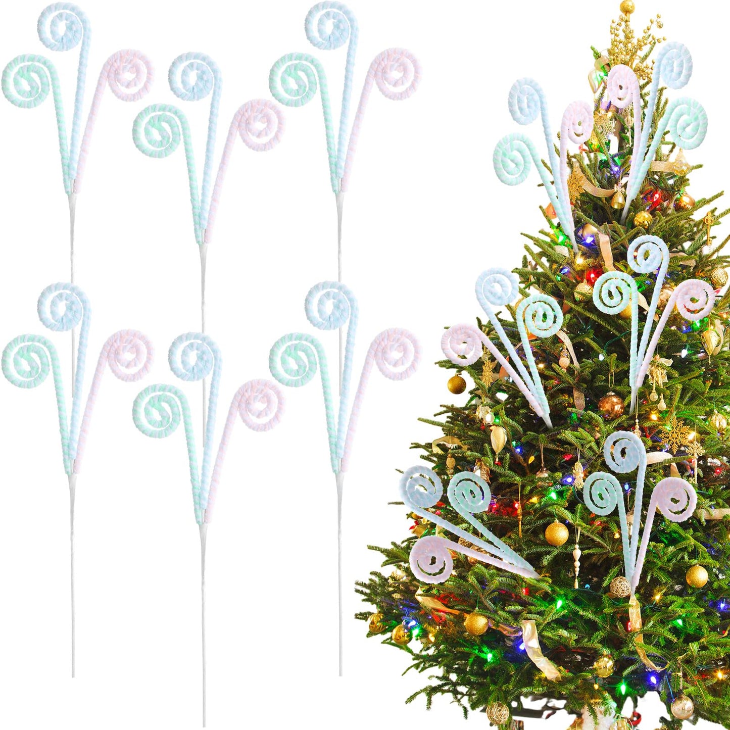 Gerrii 16" Pastel Christmas Decor Candy Cane Tree Picks Christmas Ornament Pastel Curly Pick Spray Macaron Stem Topper Large Lollipop Branches Stick for Home Wreath Vase Filler Craft Holiday Party
