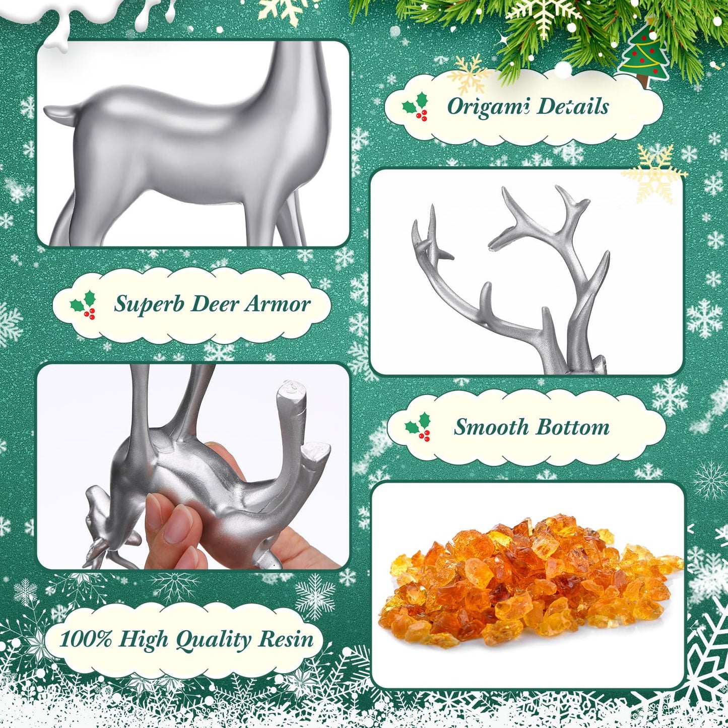 Thyle 4 Pcs Christmas Reindeer Decor Small Resin Standing Sitting Deer Figurine Mini Reindeer Christmas Table Decoration for Home Indoor Xmas Holiday Small Statue Rustic Table Decor(Silver)