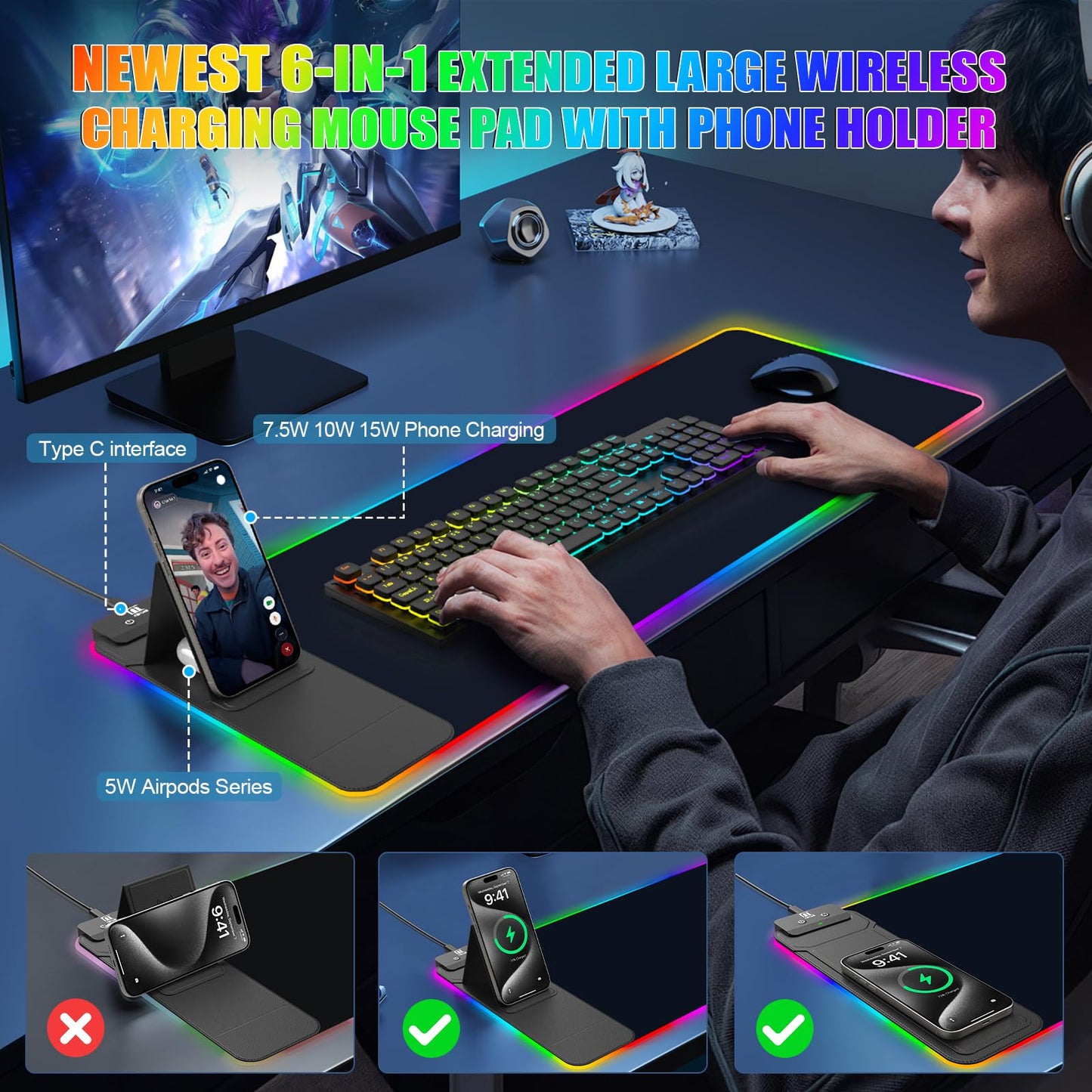RGB Mouse Pad with Foldable Phone Stand Wireless Charger, 31.5"x11.8" XL Gaming Mousepad Large Desk Mat, Desk Pad with 11 Colors 5 Modes, Waterproof (Black with PD Adapter)