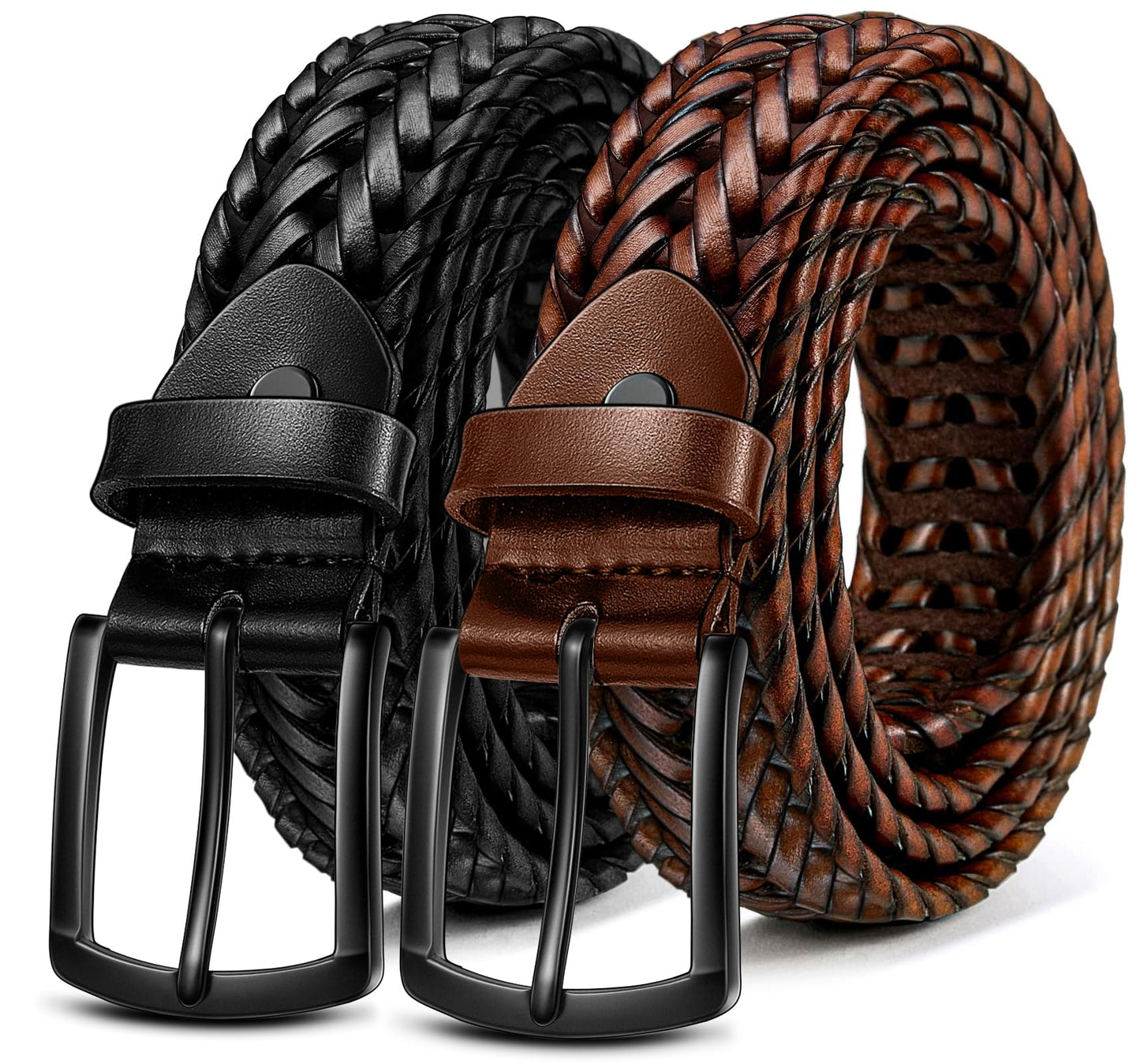 BULLIANT Men Belt 2Pack,Braided Woven Leather Belt For Men Golf Casual Jeans 1 3/8"(Black/Light Brown,28"-32" Waist Adjustable)