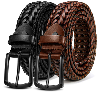 BULLIANT Men Belt 2Pack,Braided Woven Leather Belt For Men Golf Casual Jeans 1 3/8"(Black/Light Brown,28"-32" Waist Adjustable)
