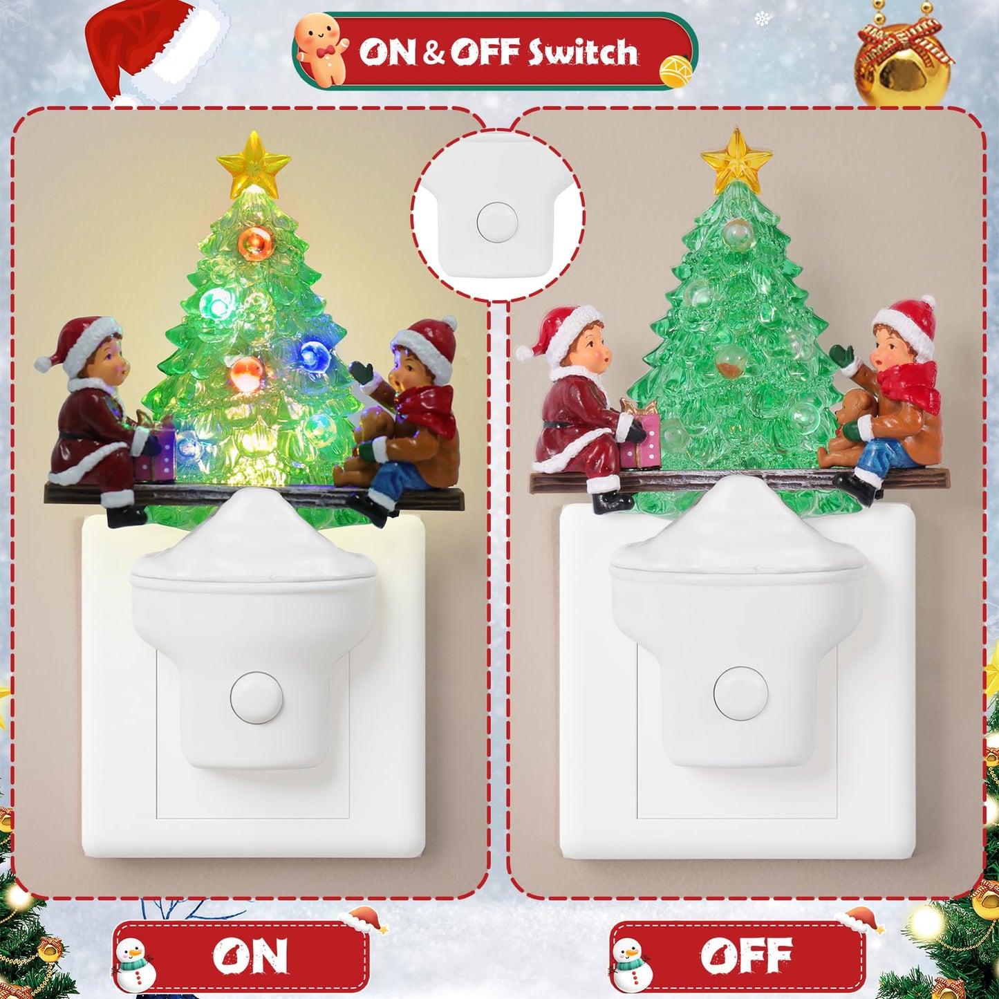 Christmas Night Lights Plug into Wall Christmas Tree Nightlights with USB/Outlet Options, Xmas Tree Night Lights Decorative for Bedroom Living Room Kitchen Nursery Holiday Decorations Gifts (Seesaw)