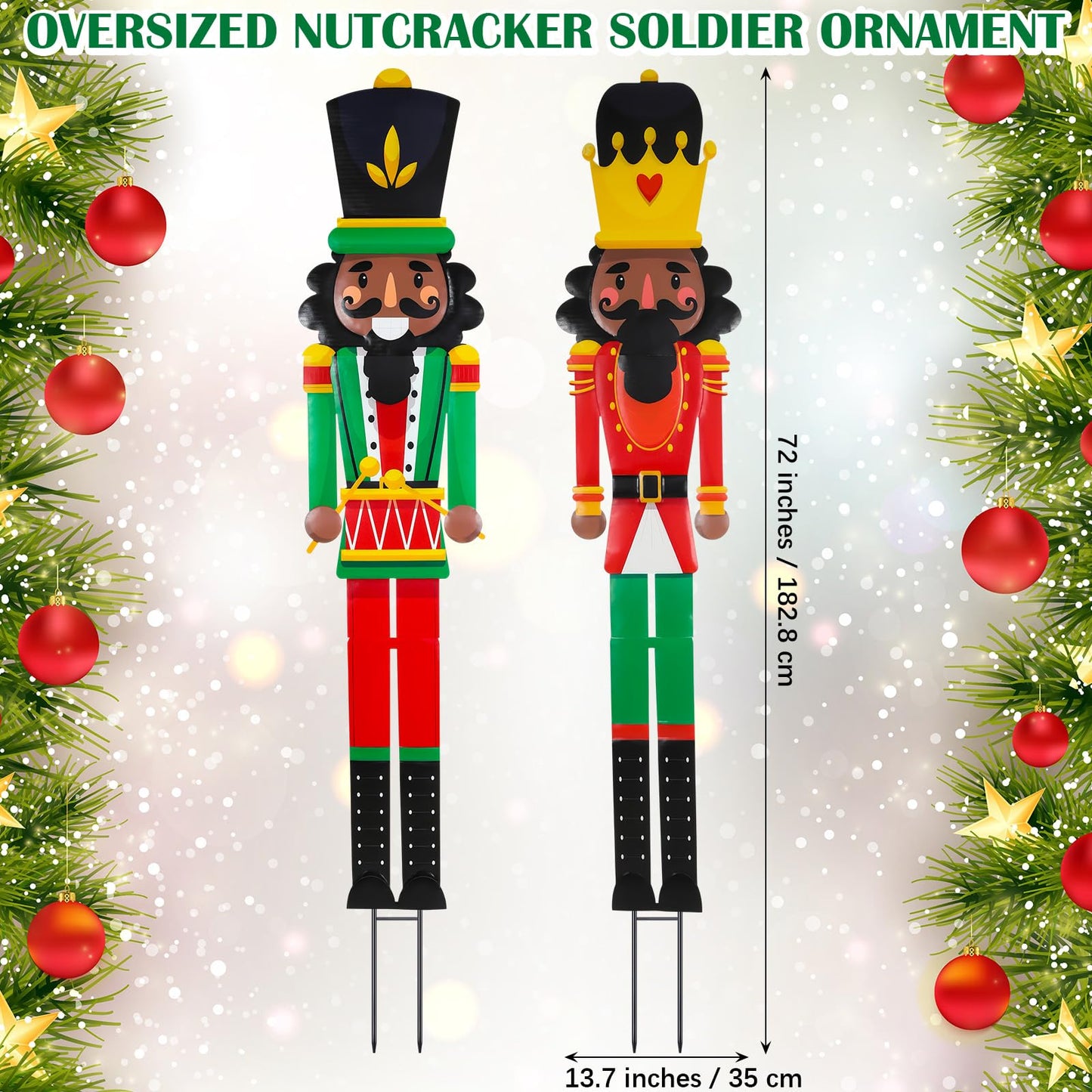 GlikCeil 2pcs 6ft Large Black Royal Metal Christmas Nutcracker Outdoor Decoration Xmas Red Green Nutcracker Yard Signs Christmas Tall Metal Soldier Stakes Ornament for Holiday Garden Lawn Porch Decor