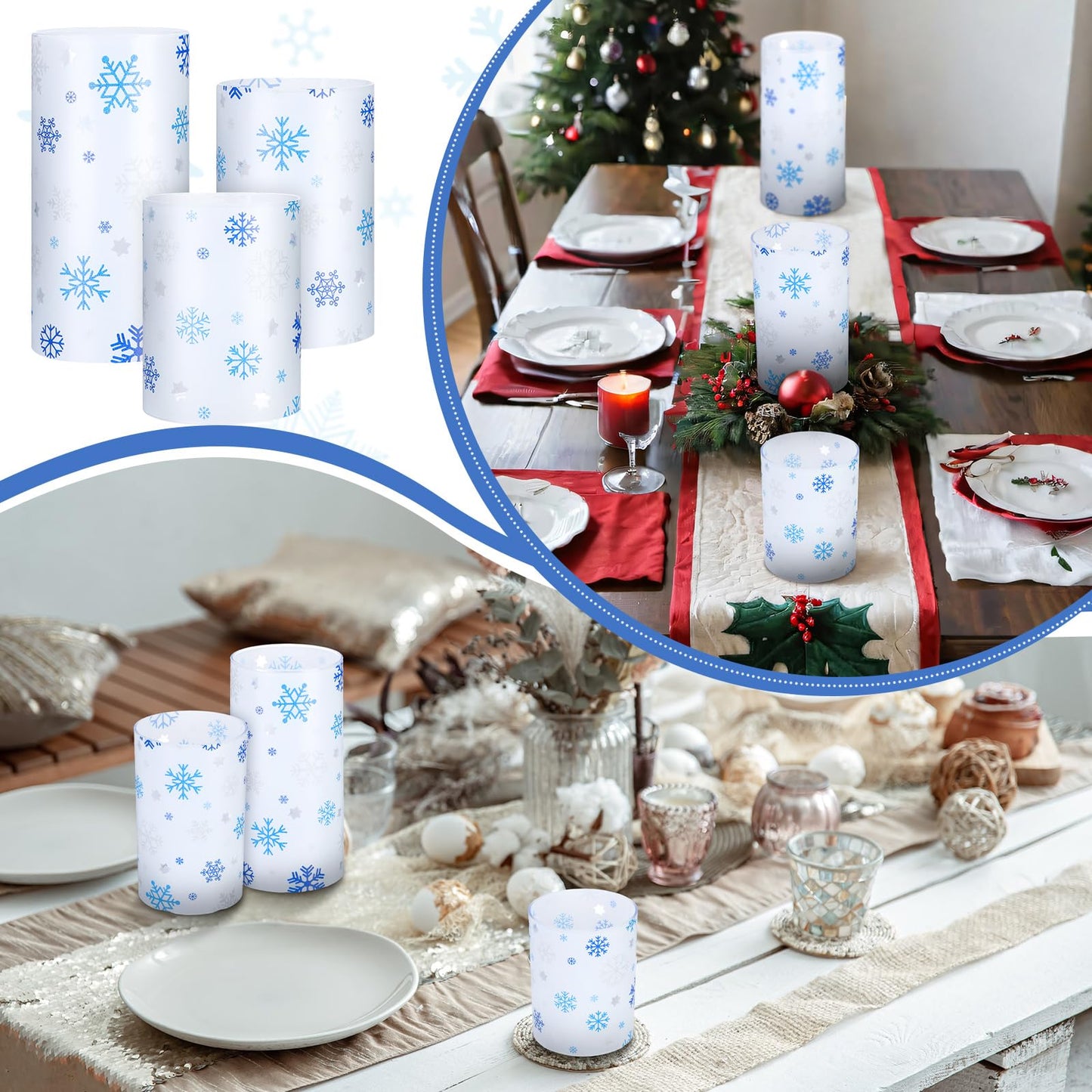 Baquler 3 Set Snowflake Flameless Candles Christmas Winter Themed Lampshade with LED Tea Lights Silver and Blue Snowflake Candle Decorations for Xmas Winter Tabletop Fireplace Home Decor