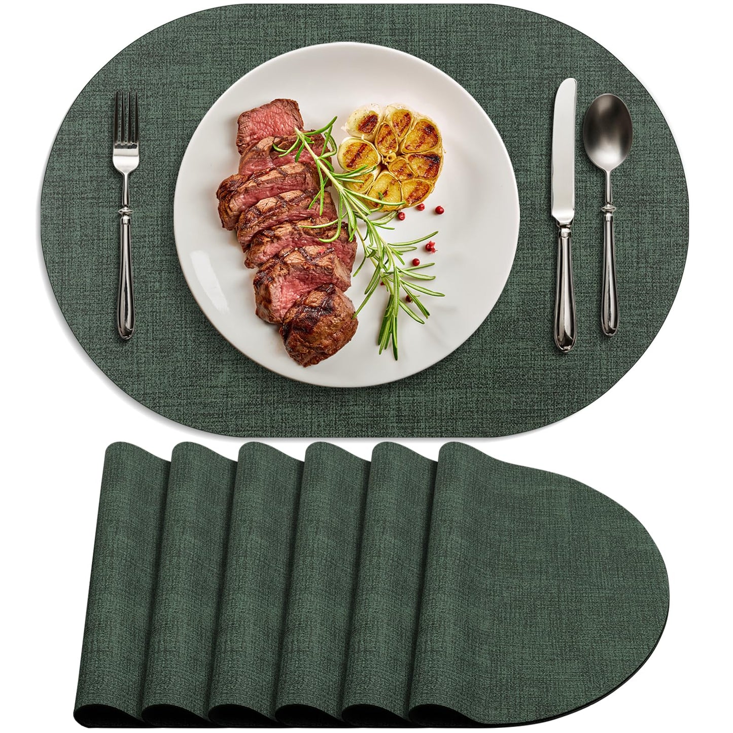 BARTHKIT Placemats Set of 6 - Washable Heat Resistant Table Placemats - Wipeable Faux Leather Oval Place Mats, Waterproof Table Mats for Dining Table, Green
