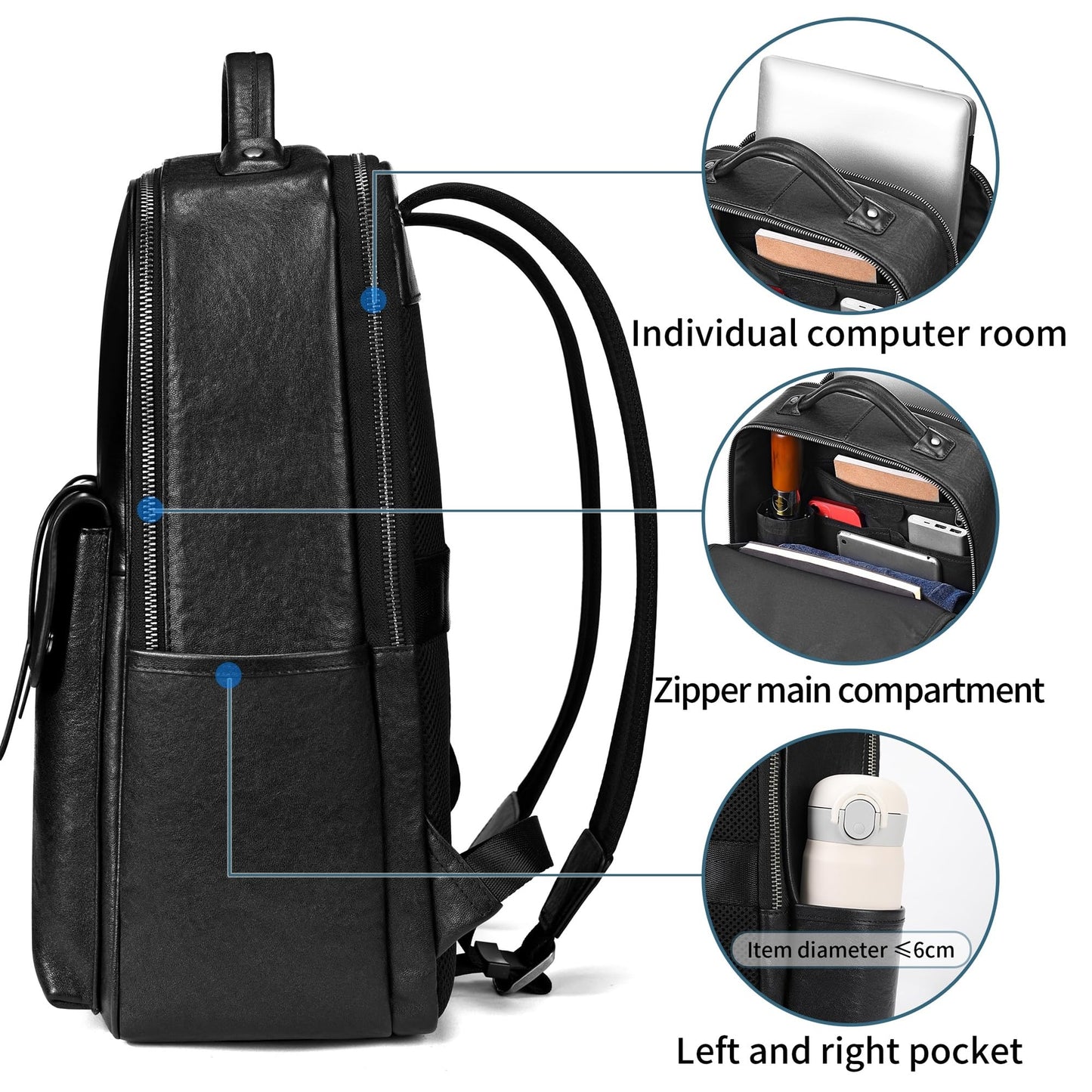Colins Keirs Men's Black Leather Backpack for Work Travel, Durable Genuine Leather Laptop Backpack with 15.6-inch Computer Compartment, Stylish Professional Designer