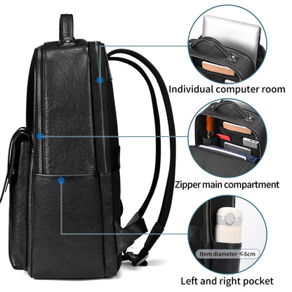 Colins Keirs Men's Black Leather Backpack for Work Travel, Durable Genuine Leather Laptop Backpack with 15.6-inch Computer Compartment, Stylish Professional Designer