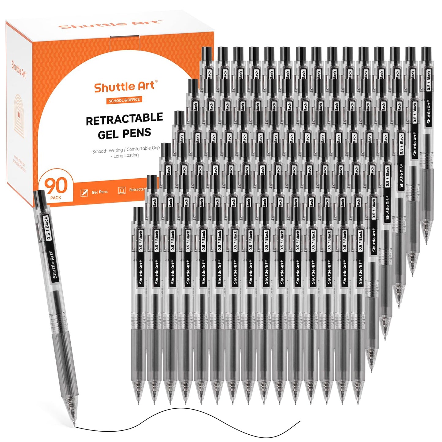 Shuttle Art Black Gel Pens, Ink Glide Series 90 Pack Retractable 0.5mm Fine Point Rollerball Gel Ink Pens Bulk Set Quick Drying Smooth Writing with Grip for Journaling Note Taking Office School Home