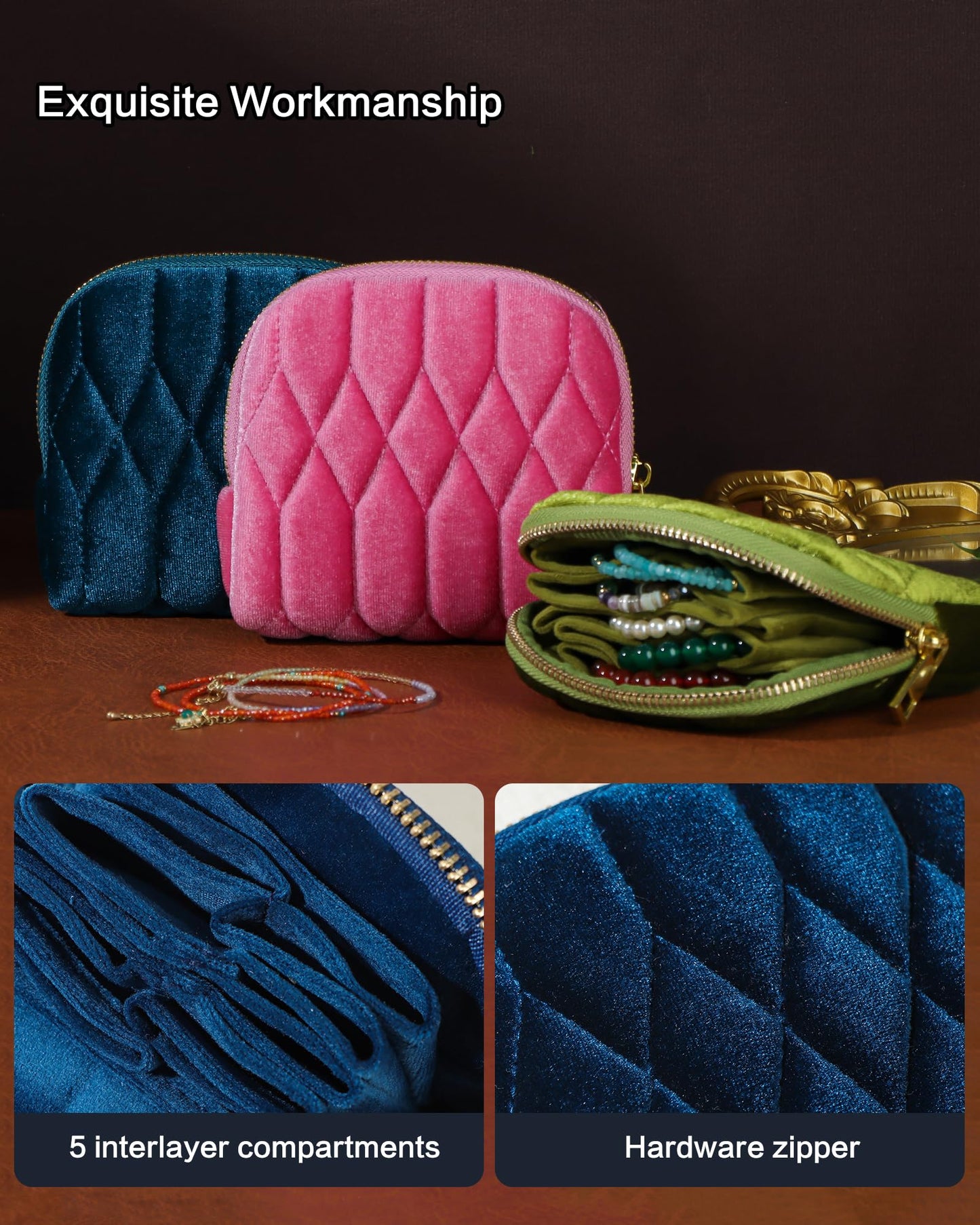 Vidifina Travel Jewelry Case,Mini Travel Jewelry Bag with Zipper,5-Layer Velvet Organizer Pouch for Bracelet Rings Earrings - Diamond Stitched Velvet Teal Blue