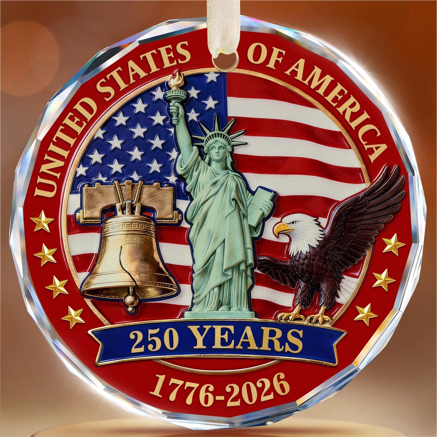 250 Anniversary USA Ornament for 4th of July Tree Decorations - Crystal Glass Patriotic Christmas Ornaments - 1776-2026 Bald Eagle Statue of Liberty Bell Keepsake - Independence Day Souvenir Gifts