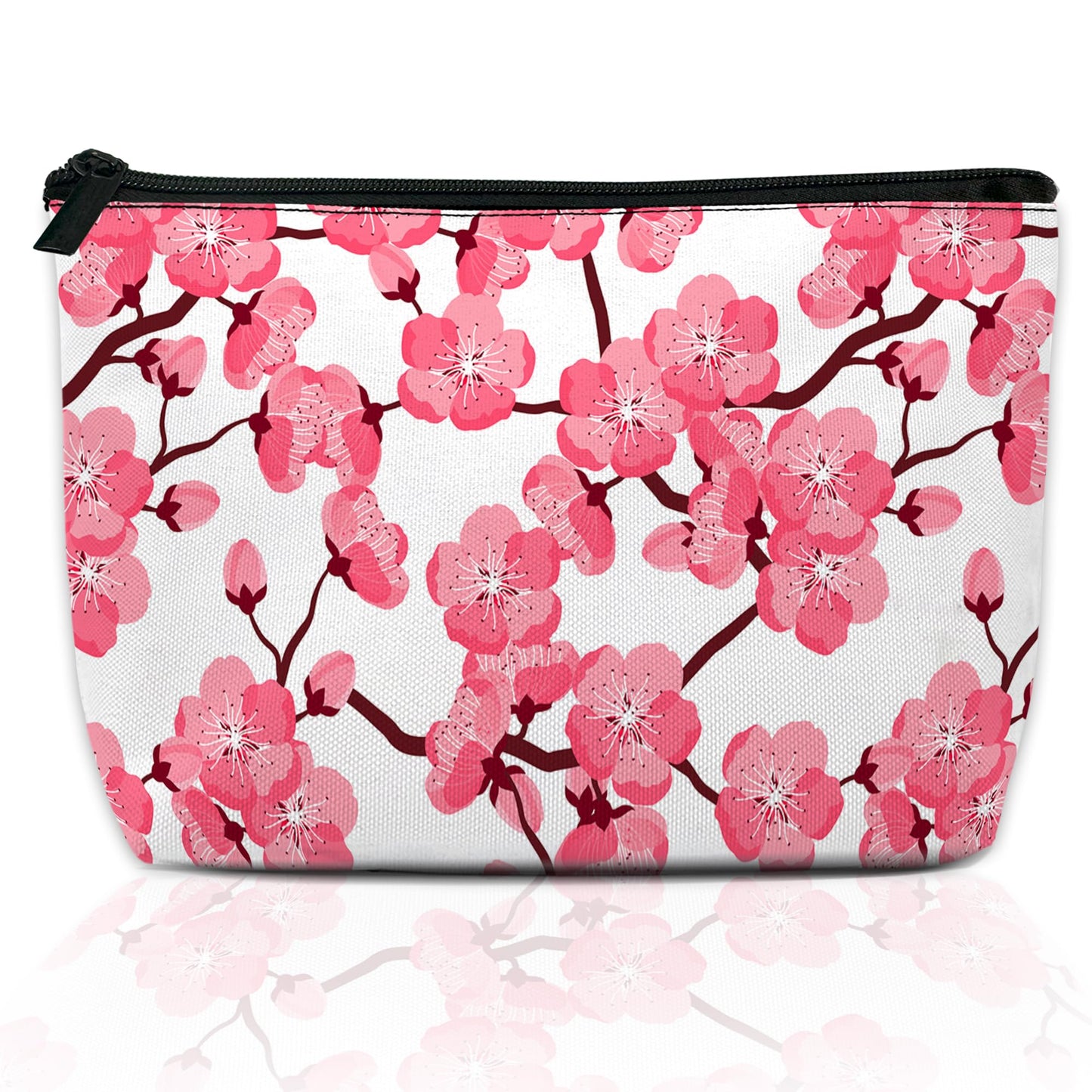 DEMACYA Cherry Blossom Makeup Bag for Purse, Waterproof Funny Japanese Pink Sakura Cosmetic Bag for Women, Zipper Travel Pouch Gift 9.5×5.9 Inch