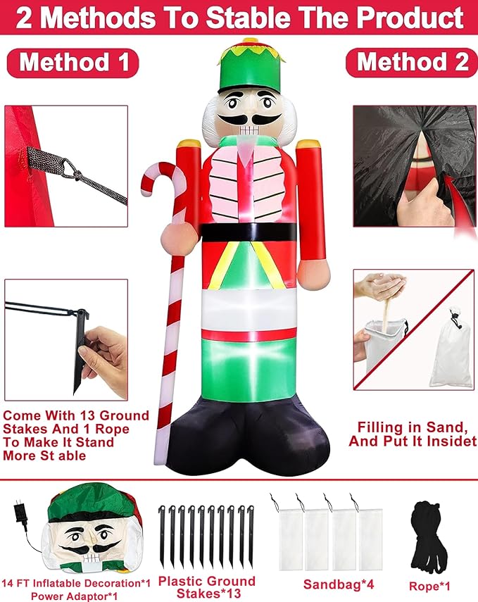 TURNMEON 14FT Giant Christmas Inflatables Nutcracker Soldier Outdoor Decorations Hold Candy Cane Inflatable Nutcracker Christmas Decorations Built-in LED Lights Blow Up Xmas Decor Outside Yard Lawn
