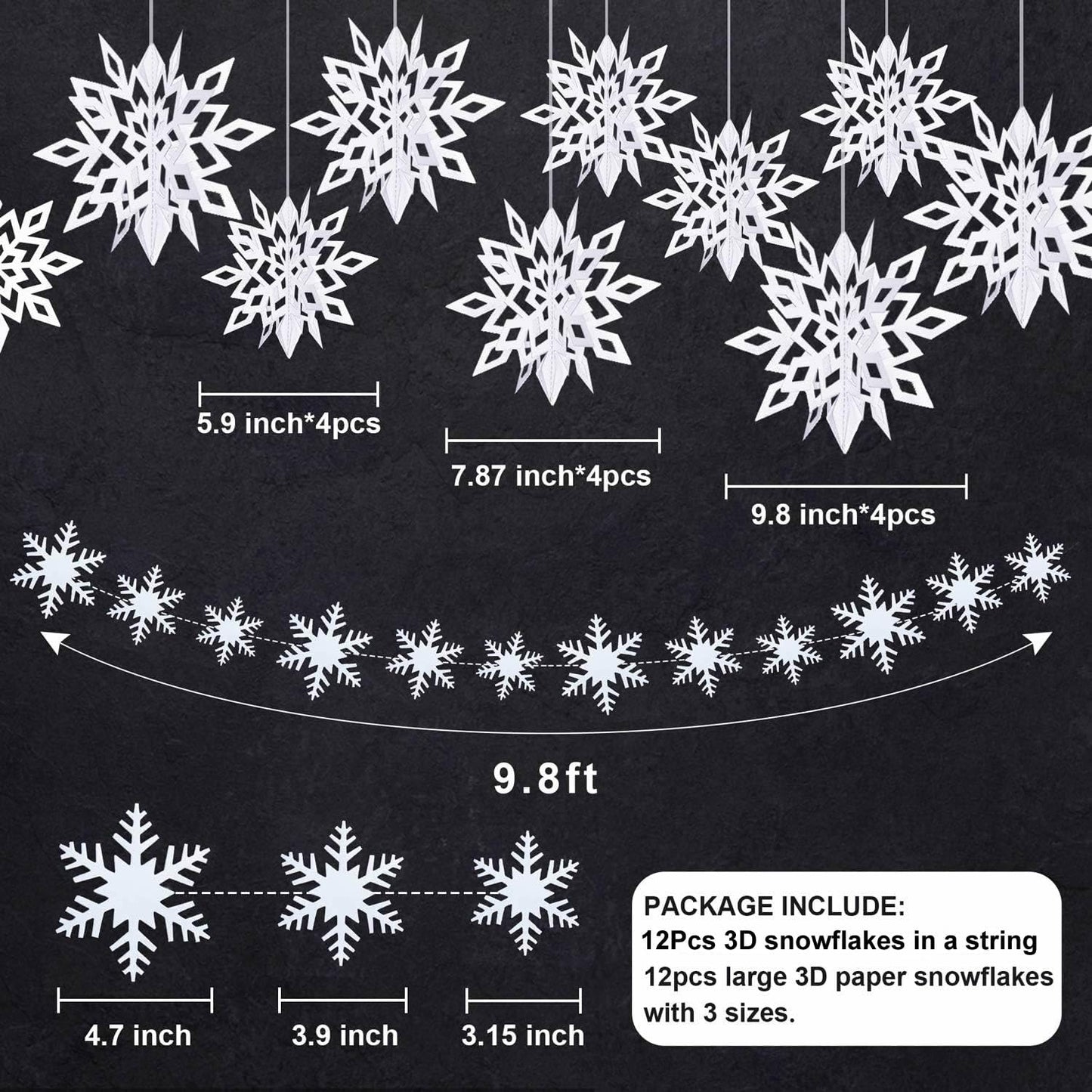 CNUSER 24Pcs Winter Wonderland Snowflakes Party Decorations 3D Card Hanging Paper Centerpieces for/Birthday/Christmastree/New Year/Baby Shower/Wedding Party/Shopwindow Supplies (24PCS White)