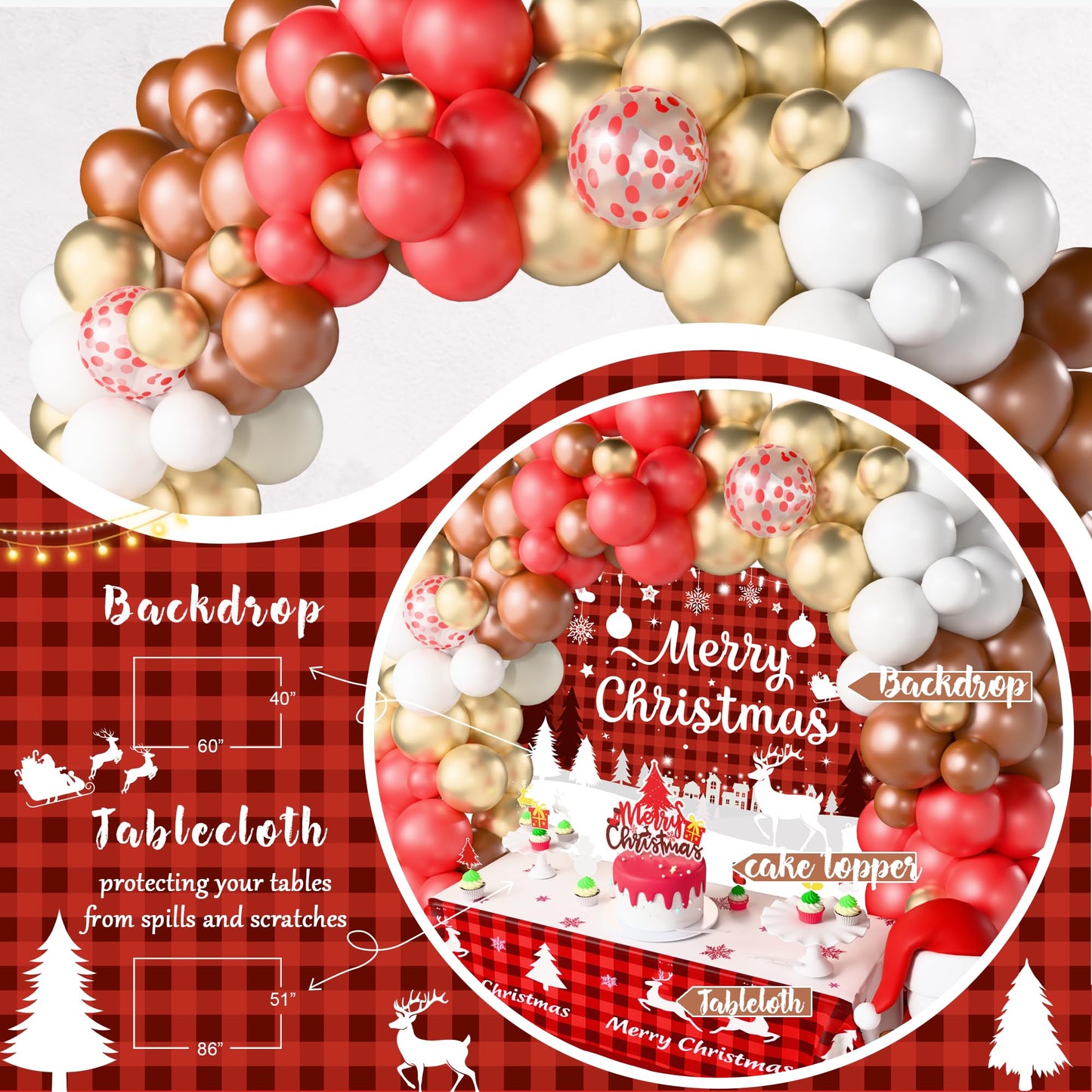 Merry Chirstmas Party Decorations, Christmas Decorations Set, Christmas Balloon Garland Banner Backdrop Tablecloth Toppers Snowflake Winter Santa Party Supplies for Indoor Outdoor Home Decor