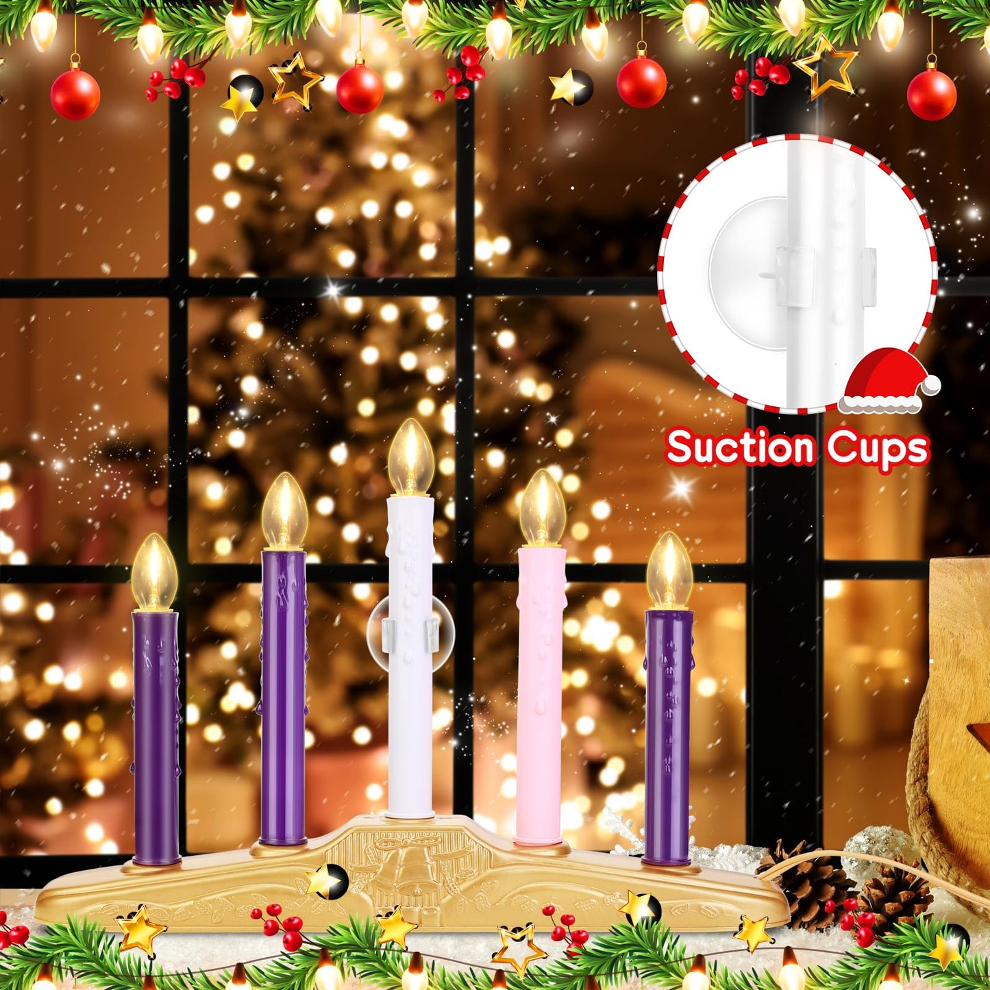 AFOROEOA 5 Light Christmas Electric Window Candles, Christmas Flameless Advent Candle Set with Purple Pink White Taper Candles 5 Bulbs 3ft Wire E12 Candelabra Base Window Candle for Home Table Decor