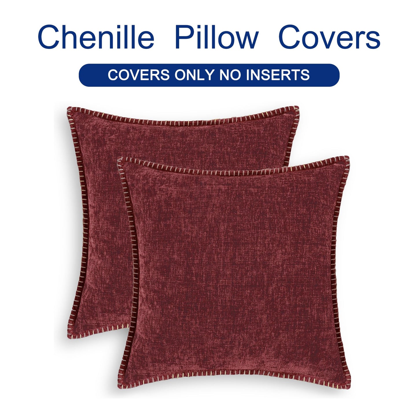 CaliTime Christmas Throw Pillow Covers Decorative 18 X 18 Inches Pack of 2 Cotton Thread Stitching Edges Solid Dyed Soft Chenille Cushion Cases for Couch Sofa Bed Living Room Farmhouse Burgundy